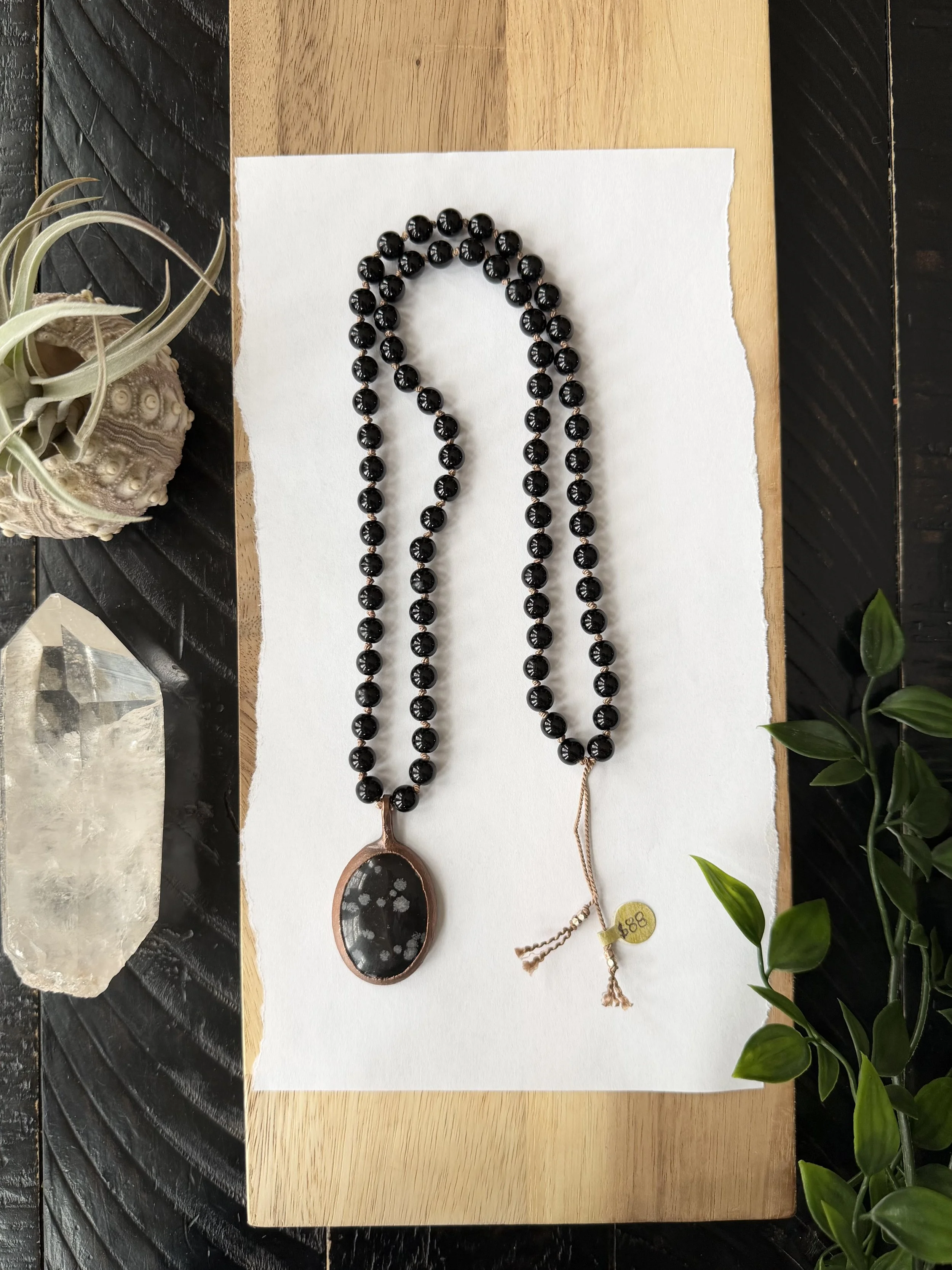 Large Snowflake Obsidian set in Electroformed Copper on a long hand knotted Black Obsidian and Taupe Silk Cord Necklace