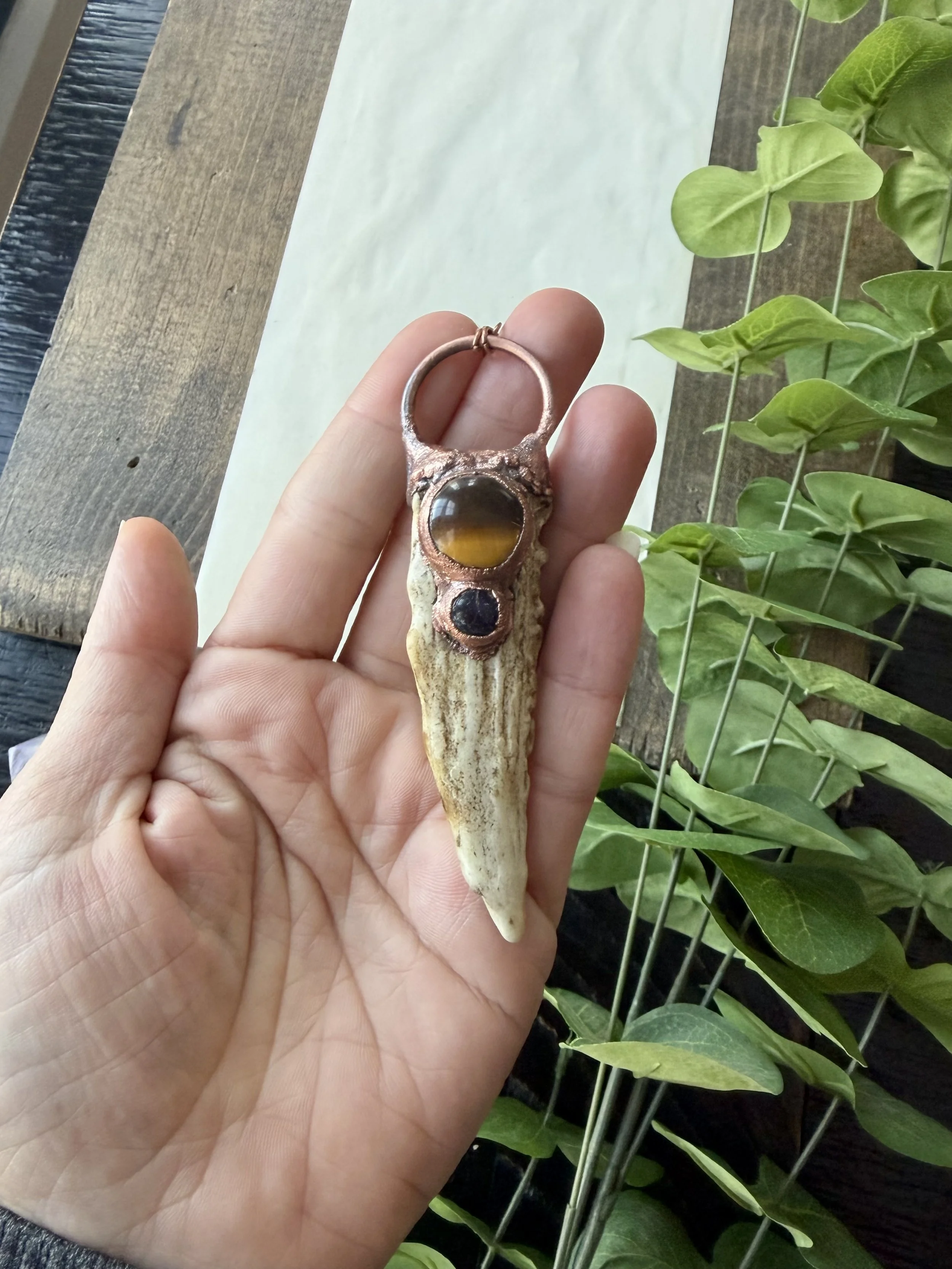 Antler with inlaid Tigereye and Amethyst set in Electroformed Copper on a long Antique Copper Plated Chain