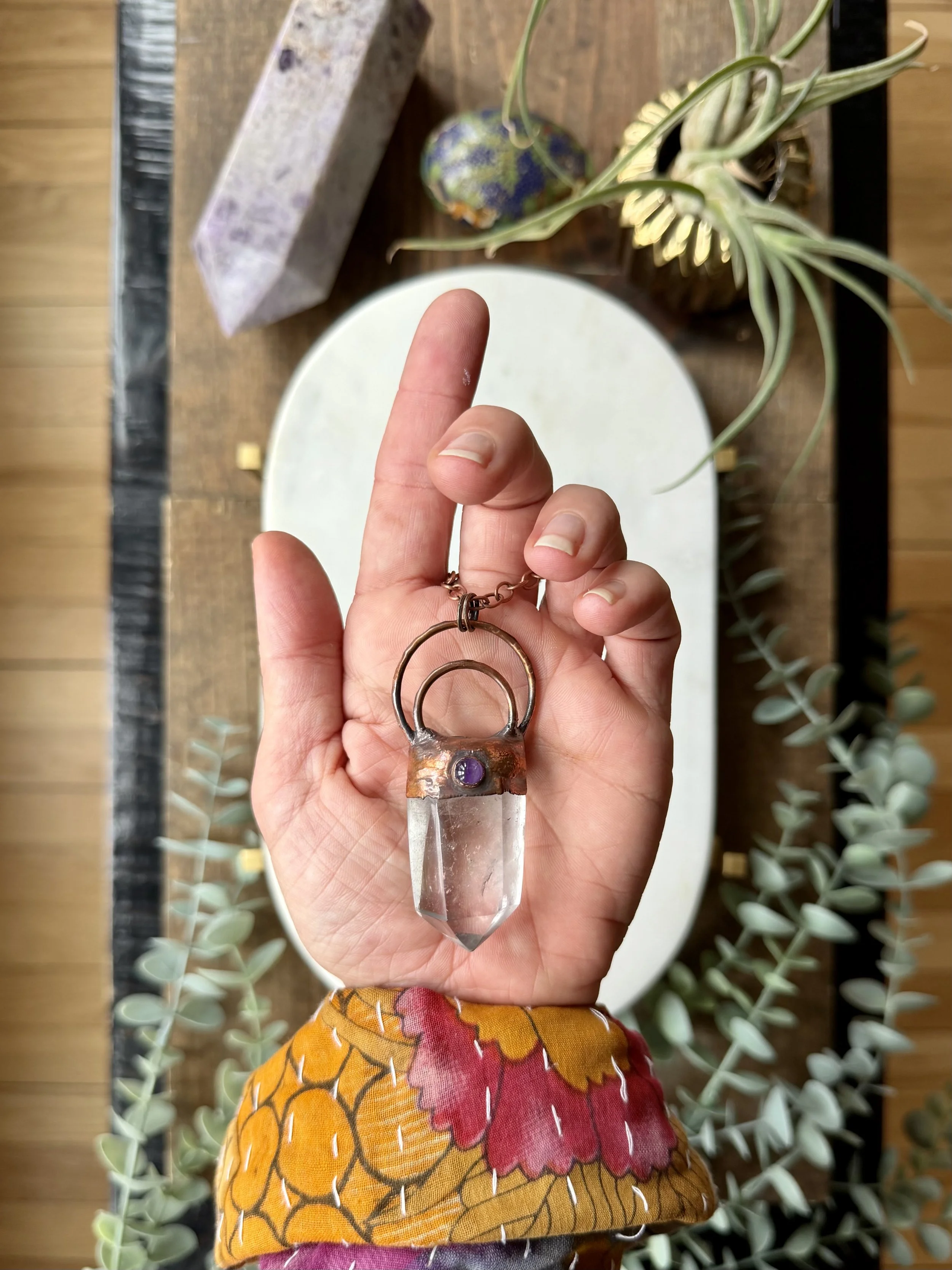 Clear Quartz Point with Inlaid Amethyst Cabochon Set in Electroformed Copper on Long Antique Copper Chain