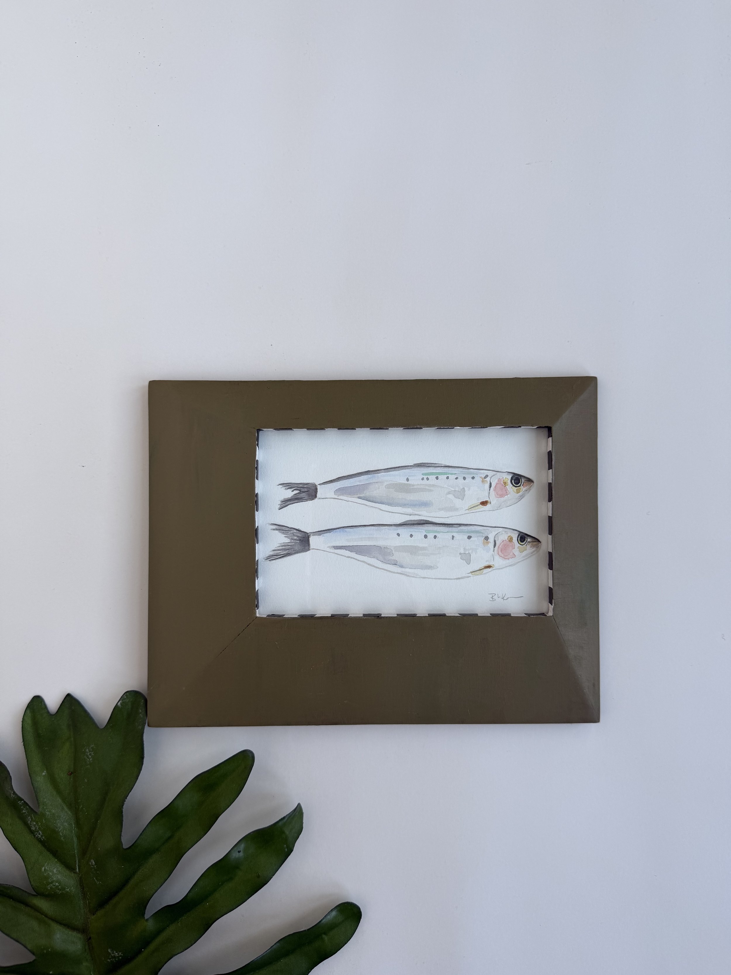 "Fish Friends" Original Watercolor Sardine Fish Painting in Hand Painted Unique Frame