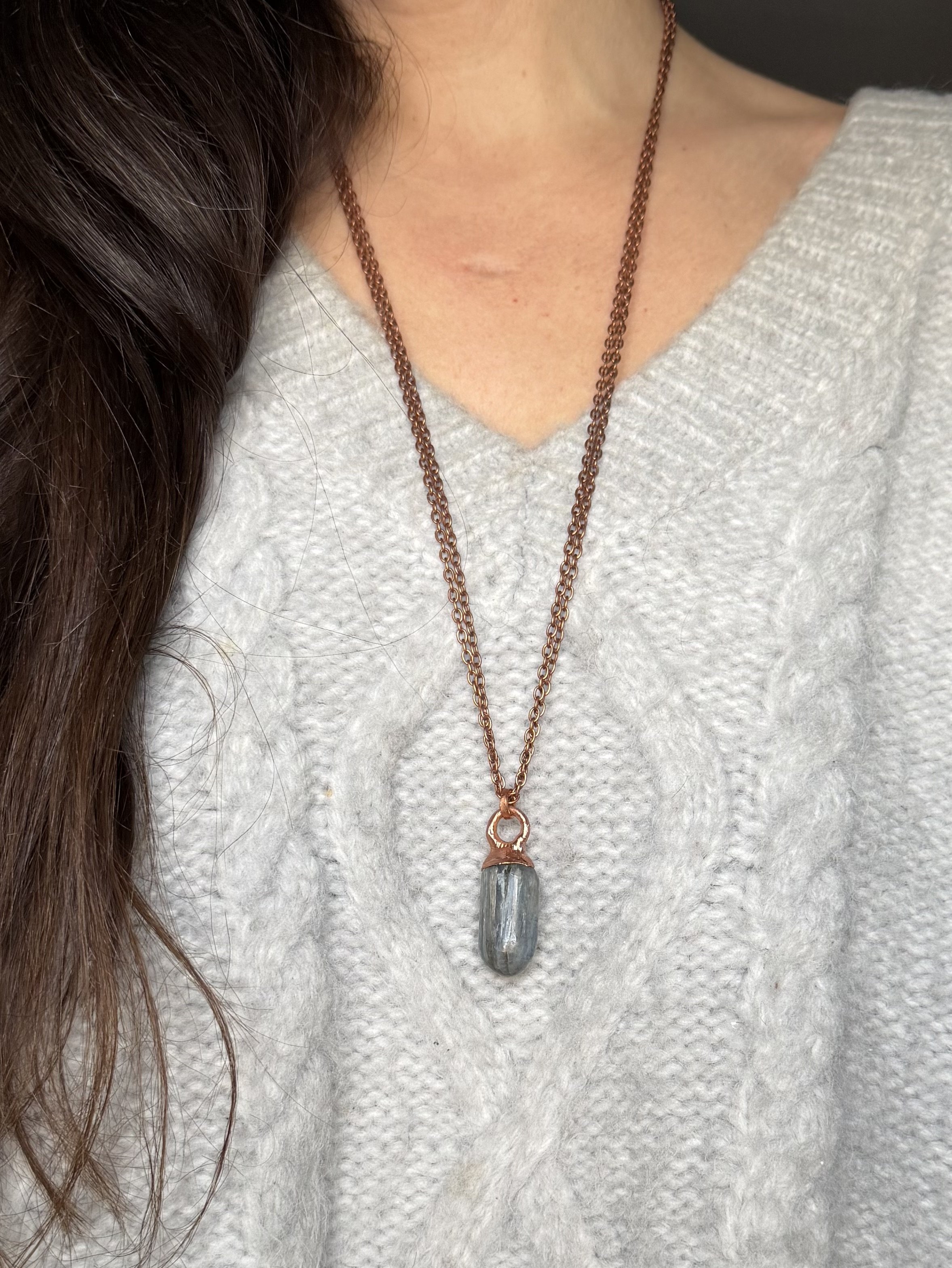 Polished Blue Kyanite Cabochon set in Electroformed Copper on a Long doubled up thin antique copper chain