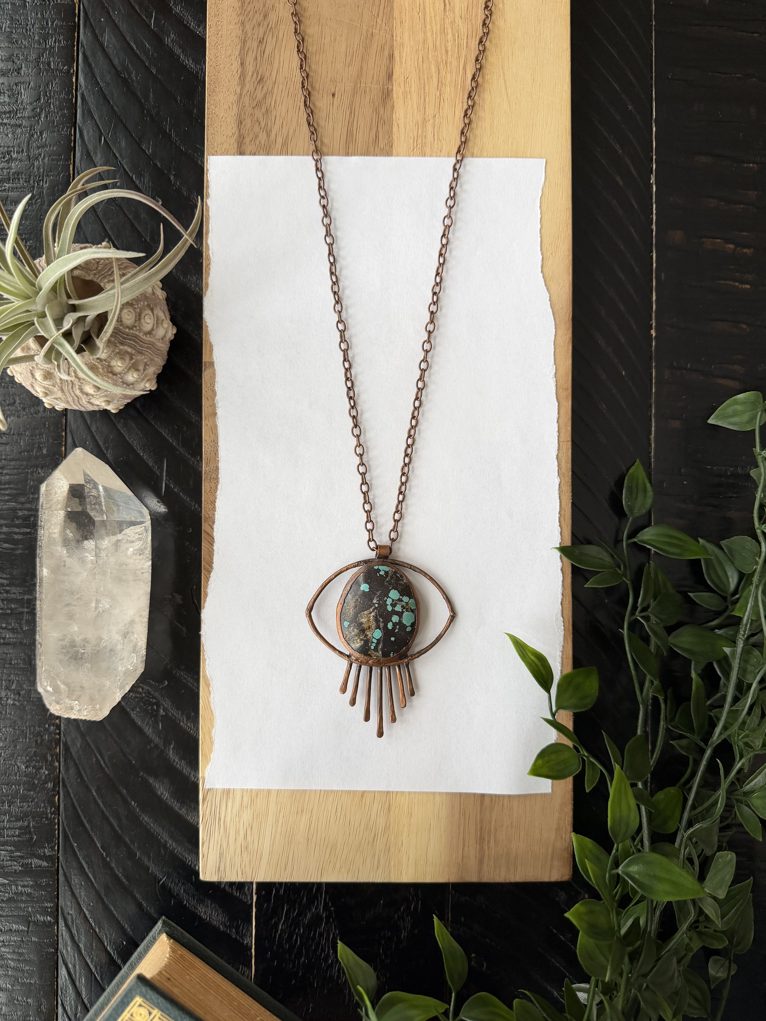 Statement Magnesium Turquoise Eye Set in Electroformed Copper Strung on a Long Antique Copper Plated Chain