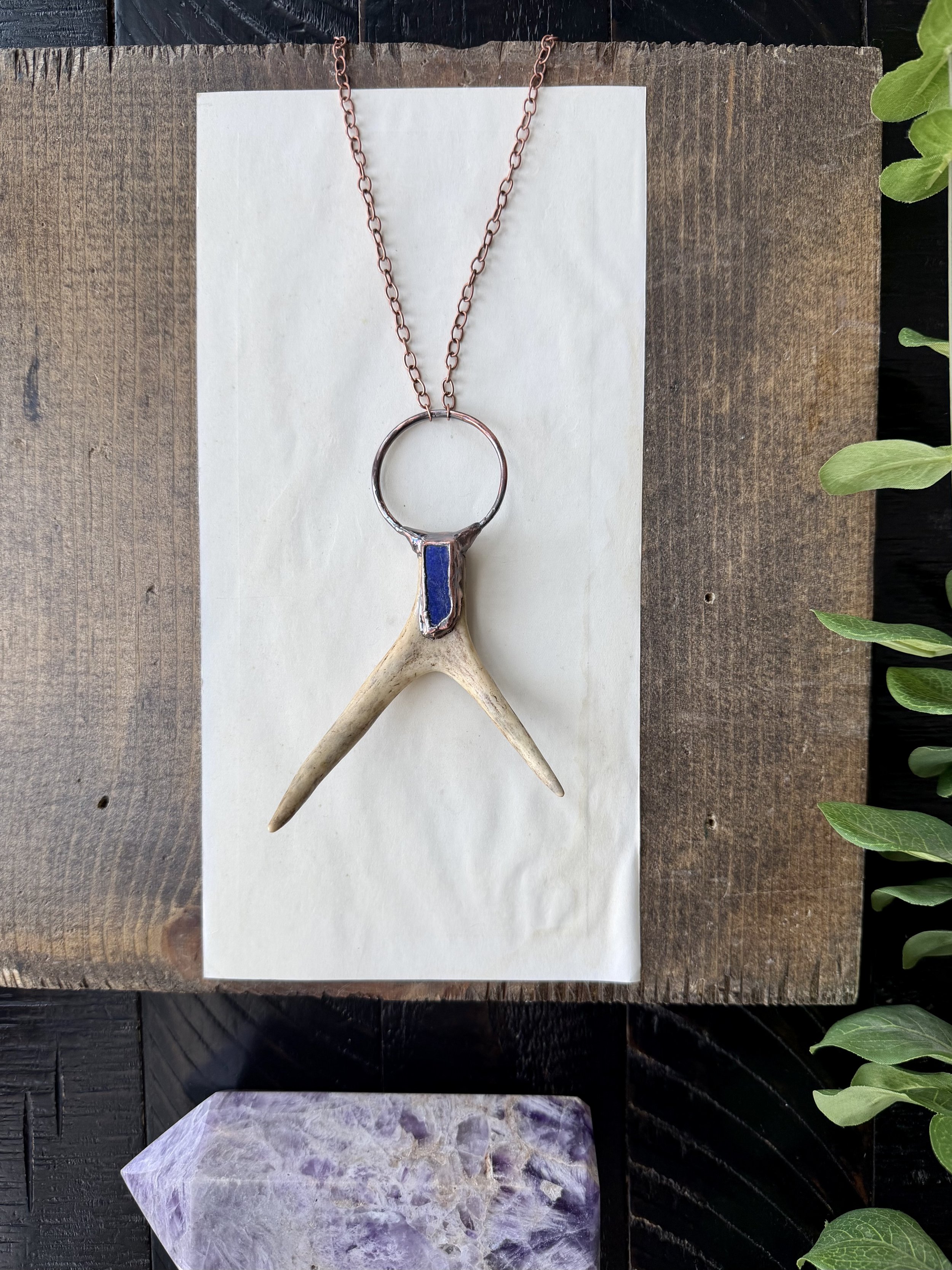 Two Prong Antler and Blue Lapis set in Electroformed Copper on a long Antique Copper Plated Chain