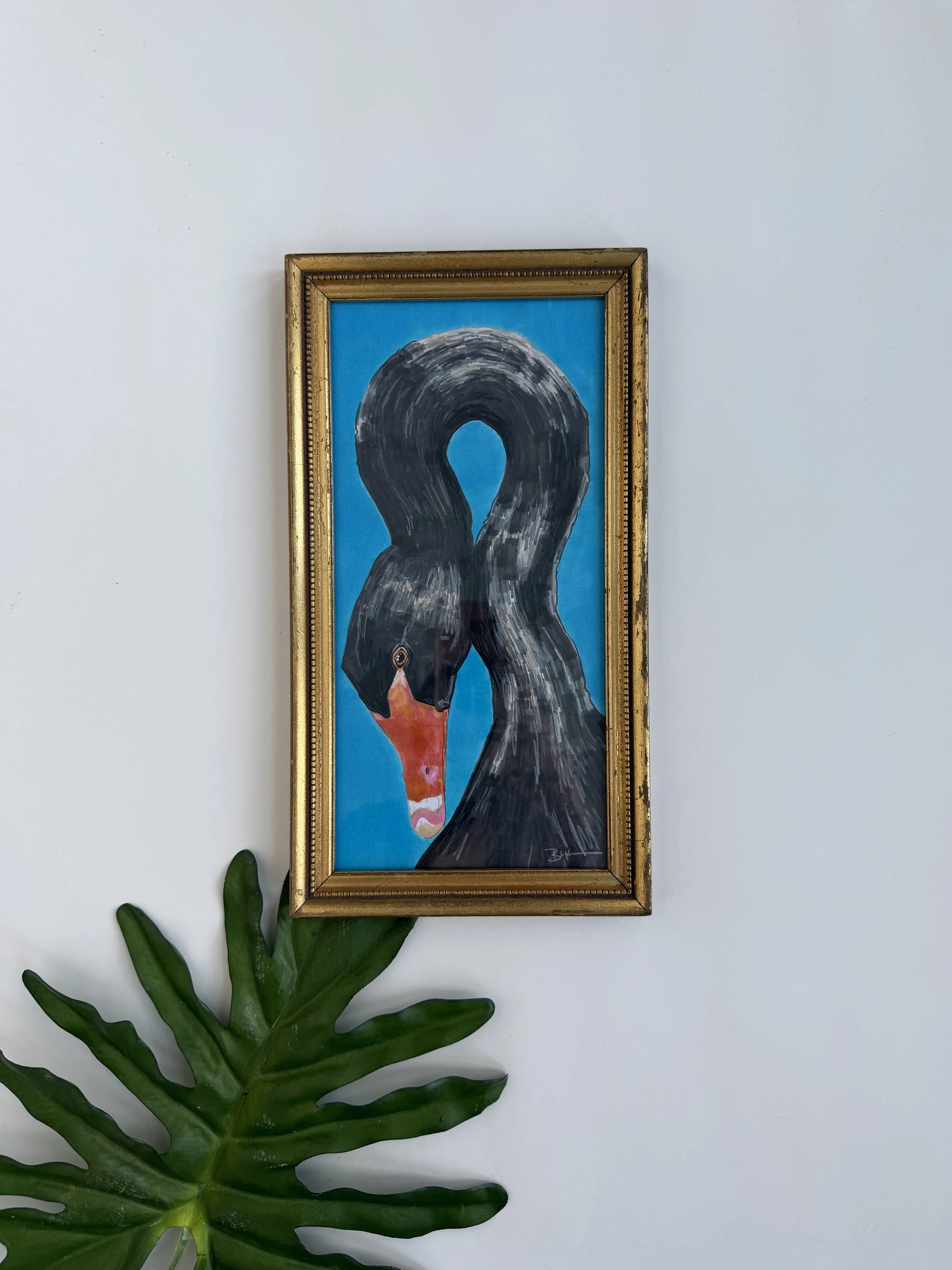 Silly Swan - Alcohol Marker + Colored Pencil in Antique Frame