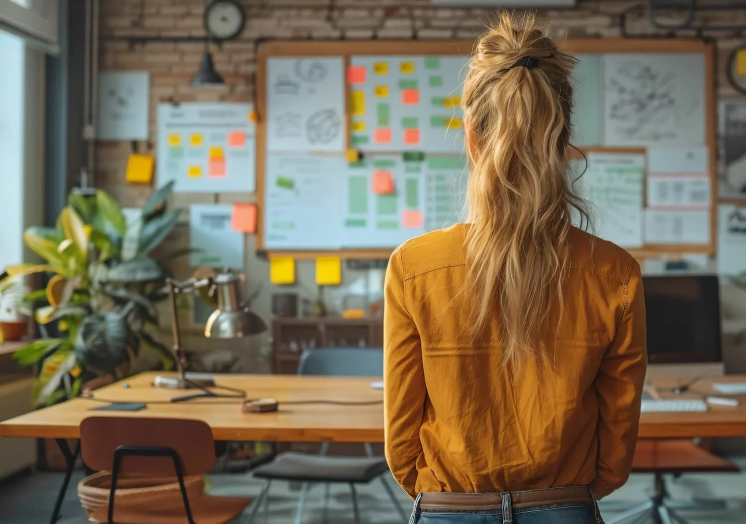Woman facing back to camera, bulletin board and desk in front of her