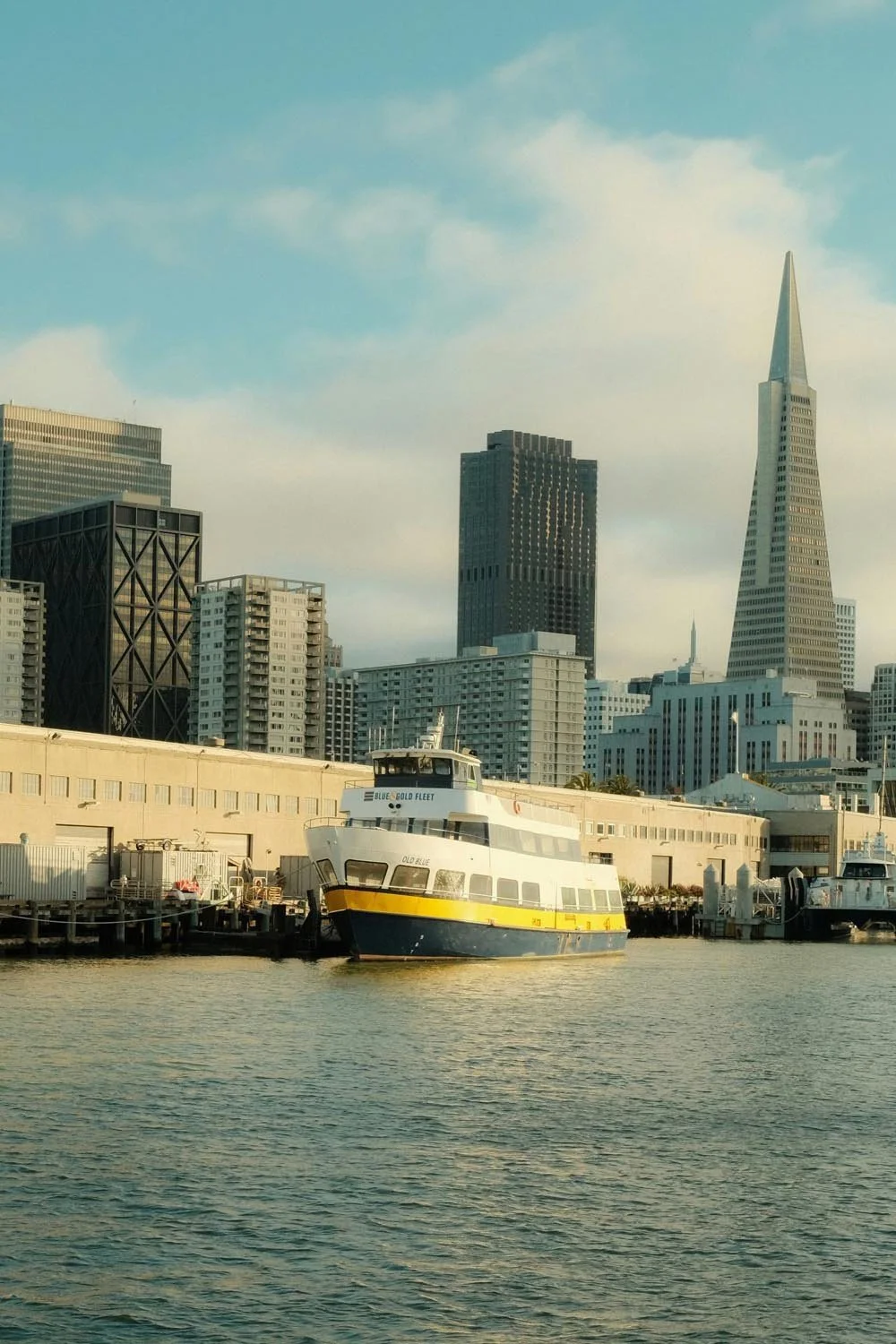 View of San Francisco skyline with Embarcadero waterfront, including a boat docked at the pier and the Salesforce Tower in the background.