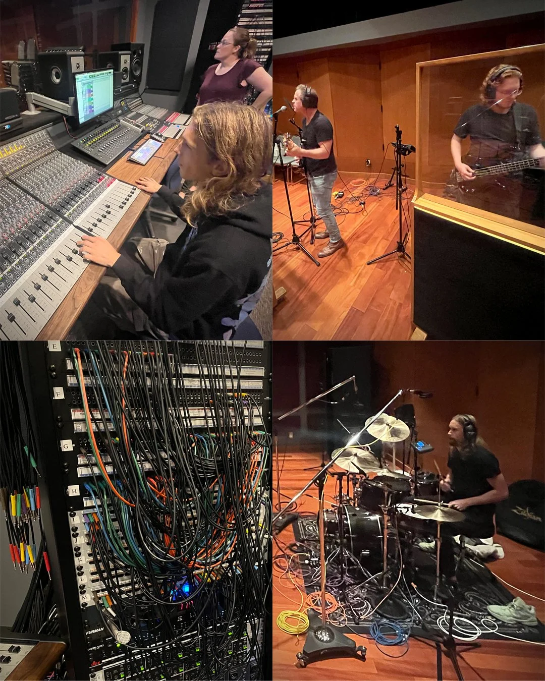 ARC 3rd-Level 350 upper-division recording students are shown here recording the Matt Hutchinson band, in Studio B, for their final semester project. During workshop classes such as this, students work on mic placement, session management &amp; prep,