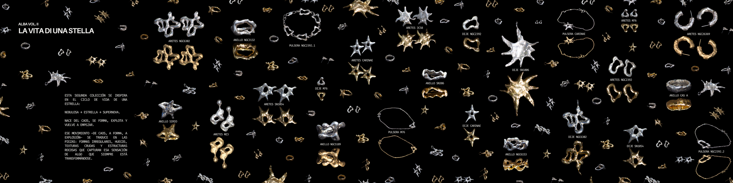 Colección de joyas y accesorios en formas irregulares y estructuras rocosas, en colores dorado y plateado, sobre fondo negro, inspiradas en el ciclo de vida de una estrella.