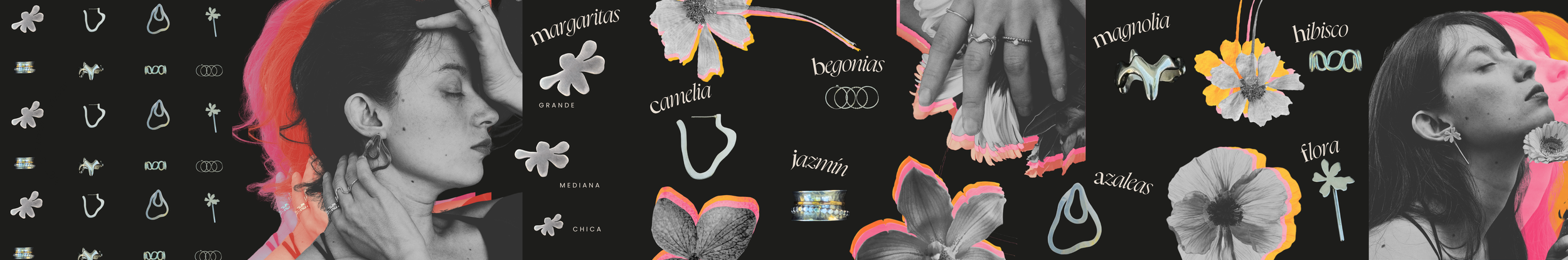 Una collage artístico con mujeres de ojos cerrados, flores silvestres y nombres de flores en letras blancas sobre fondo negro.