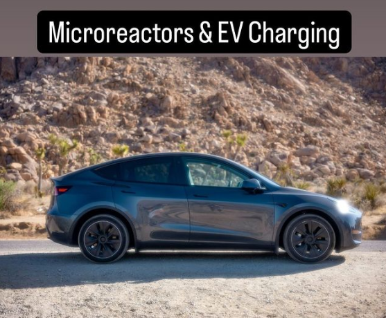 A black electric car parked on a roadside with a desert landscape in the background, featuring a sign that reads 'Microreactors & EV Charging'.