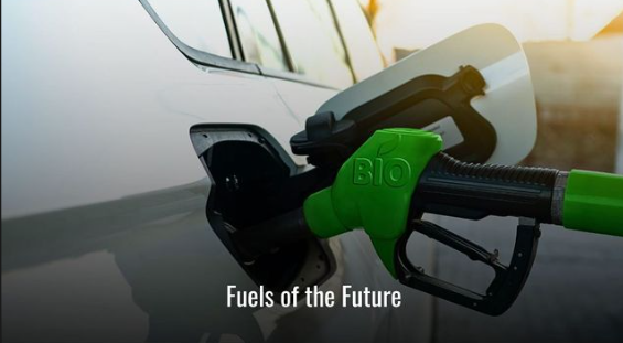 Electric vehicle refueling with a green biofuel nozzle, captioned 'Fuels of the Future'.