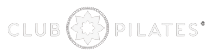 Logo for Club Pilates, featuring a stylized flower or star design in the center, with the words 'Club Pilates' on either side.