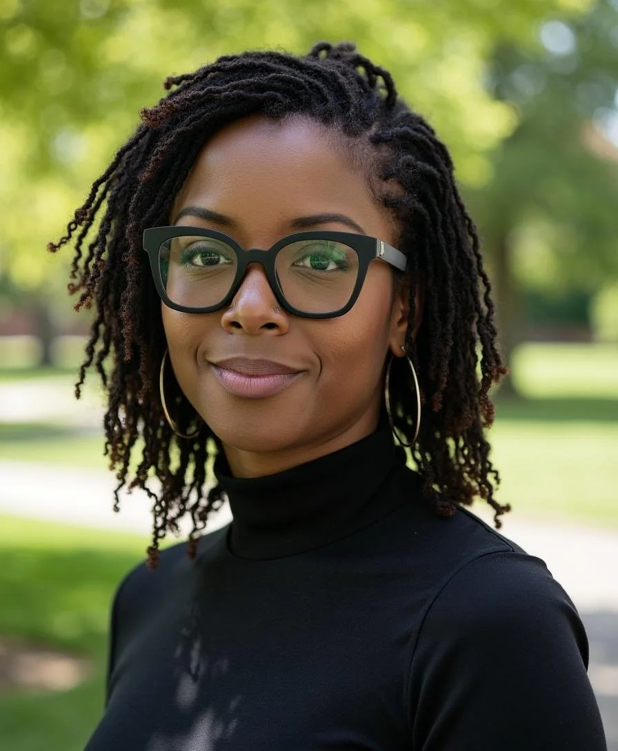A woman with glasses and hoop earrings, wearing a black turtleneck and smiling outdoors in a park with green trees in the background.