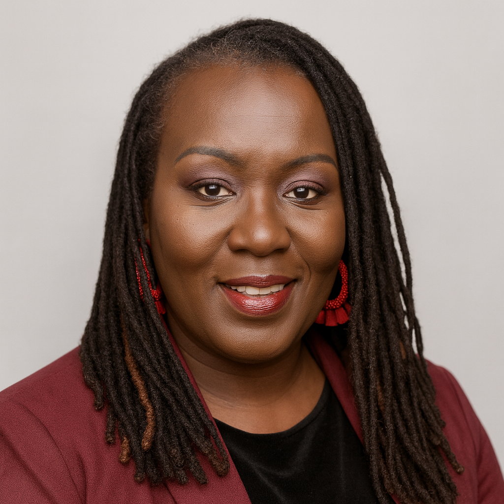 A woman of African descent with long dreadlocks, wearing a maroon blazer and red earrings, smiling at the camera against a light gray background.