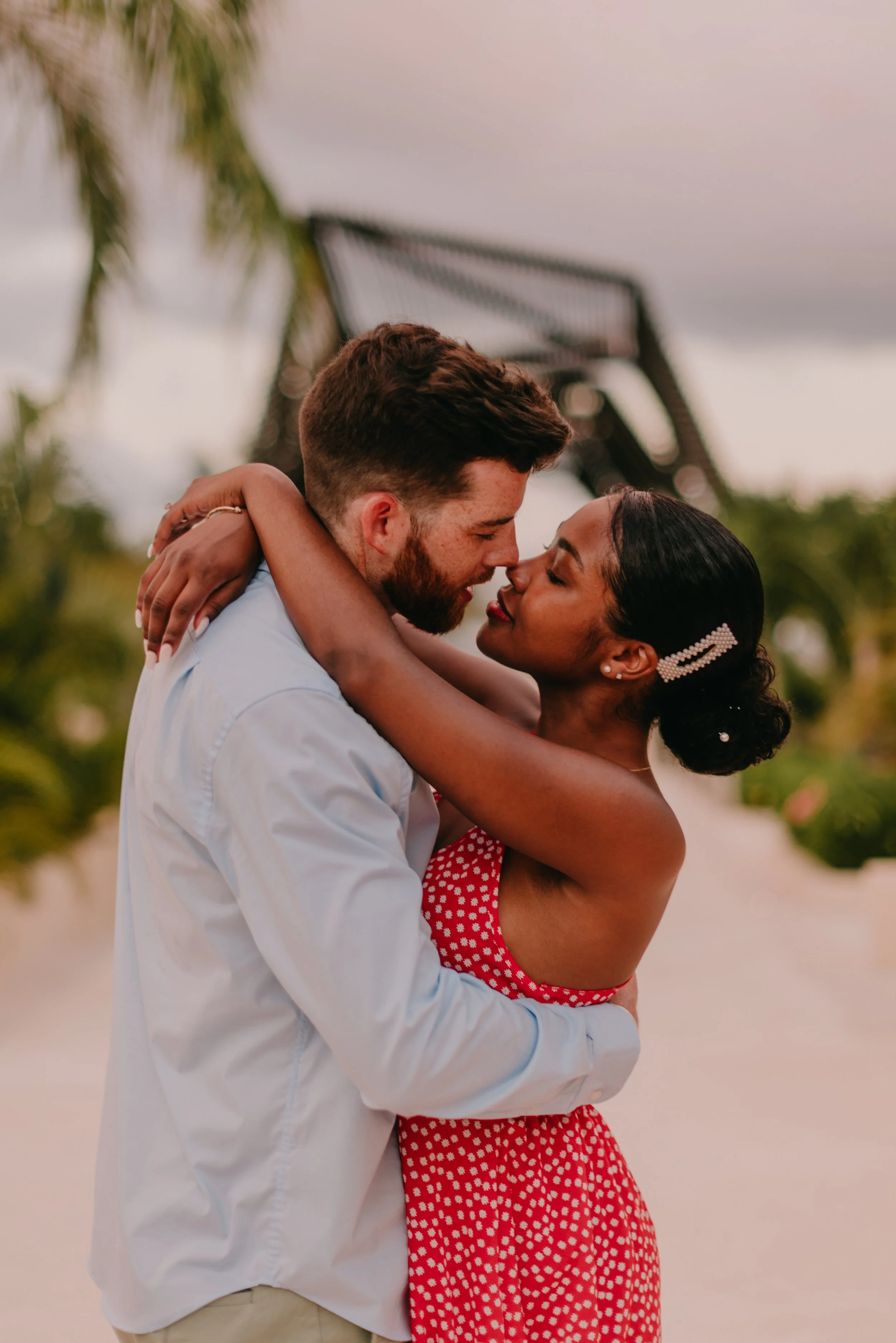 Bride and groom embracing at golden hour in Riviera Maya Cancun Mexico.