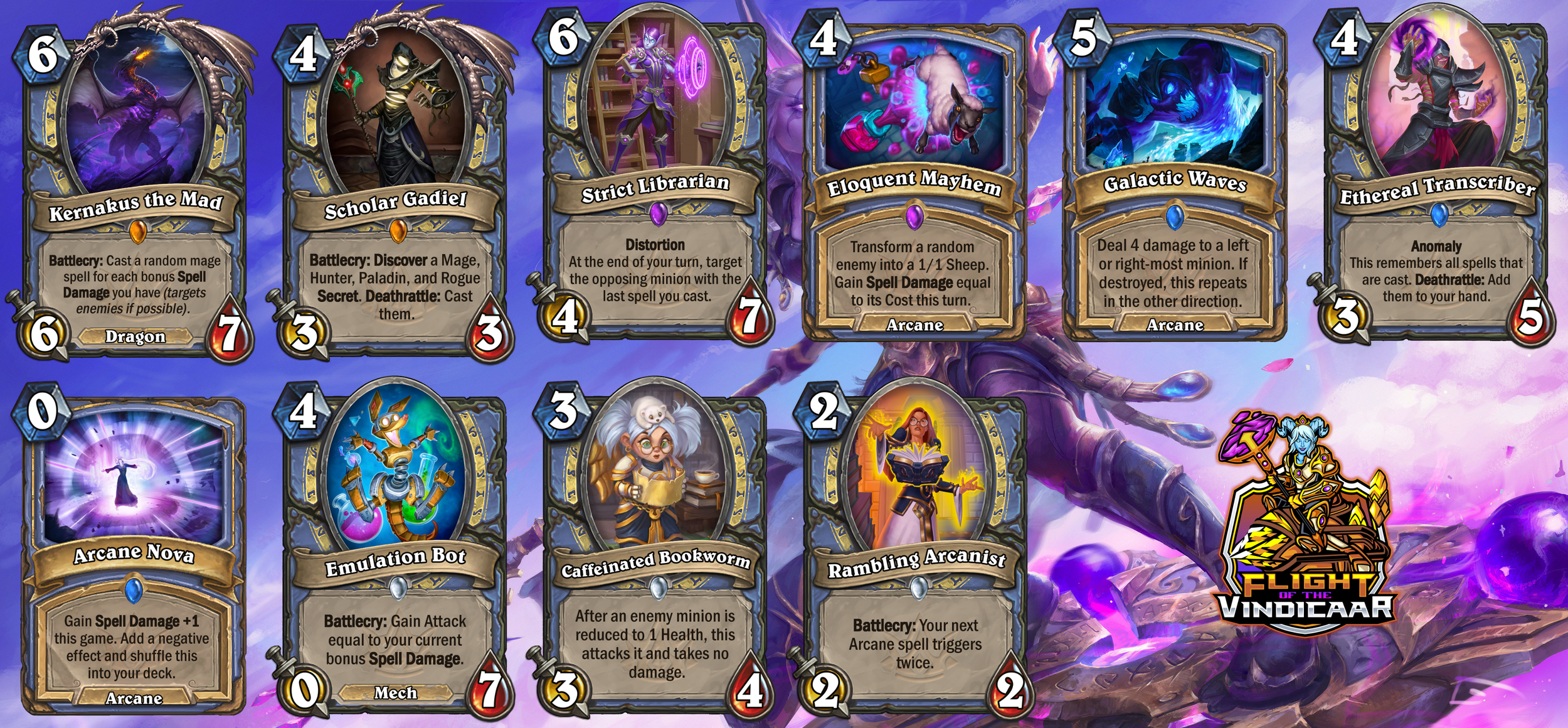 A collection of Hearthstone game cards displayed on a purple and pink themed background featuring a dragon and a mage in the artwork.