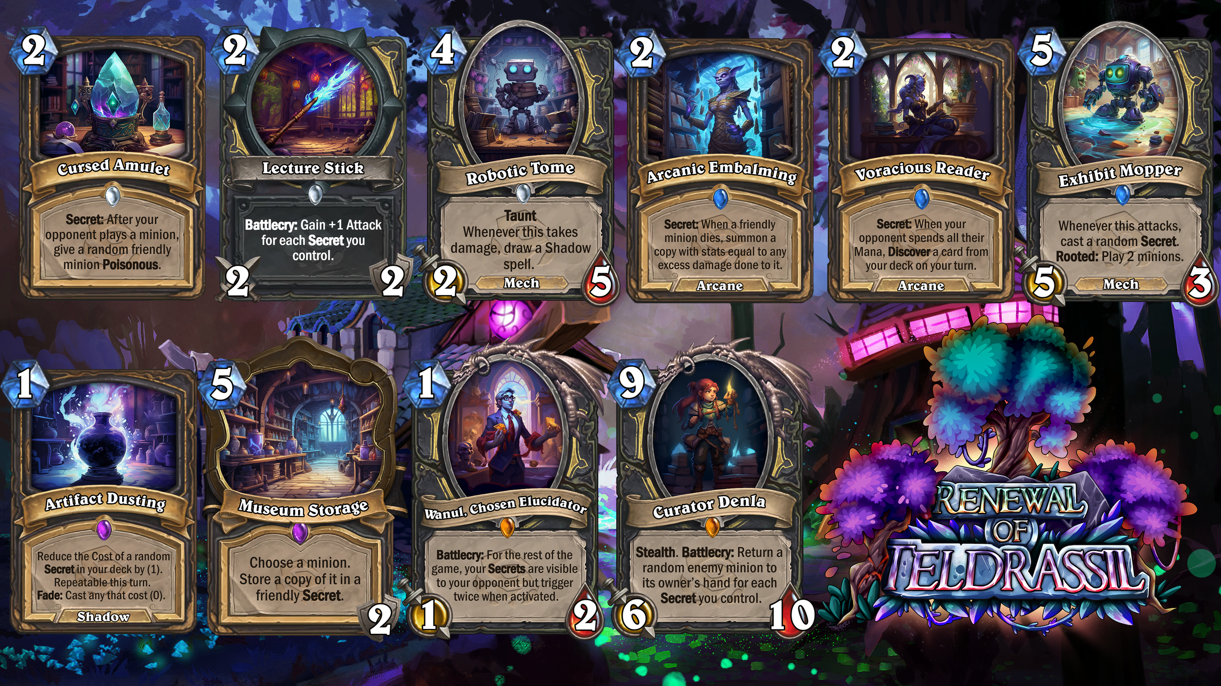 A screenshot of a digital card game with a fantasy theme, showing various cards with different artwork and text, including spells and minions, along with a colorful, enchanted forest background.