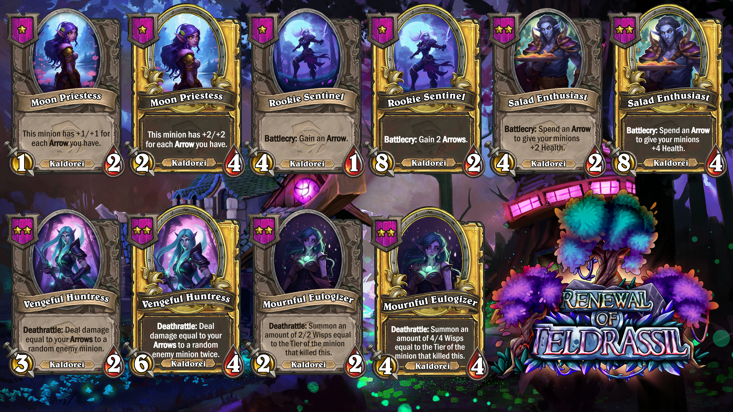 Screenshot of a digital card game with various fantasy-themed cards featuring characters like Moon Priestess, Rookie Sentinel, Salad Enthusiast, Vengeful Huntress, and Mournful Eulogizer, each with different stats and abilities.