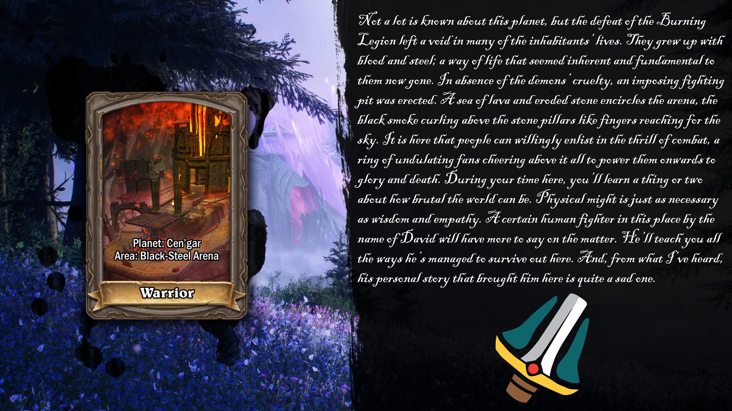 A digital game screen showing a black steel arena with glowing lava and stone pillars, labeled 'Planet: Cen'gar' and 'Area: Black Steel Arena'; a background of a dark forest with blue-purple foliage and illuminated flowers.