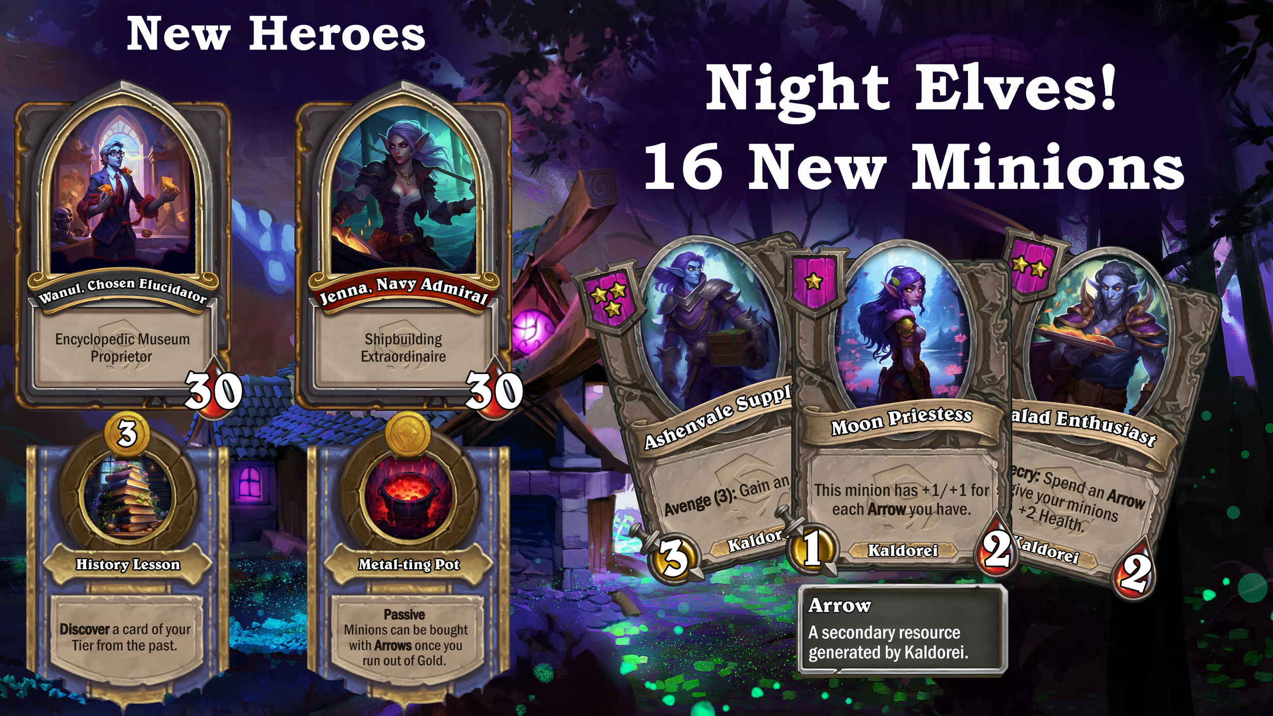Dark fantasy themed game screenshot featuring new hero cards called Night Elves, and 16 new minions. The image shows character cards with detailed illustrations, including a female elf with purple hair and a male elf with glasses, alongside game elem