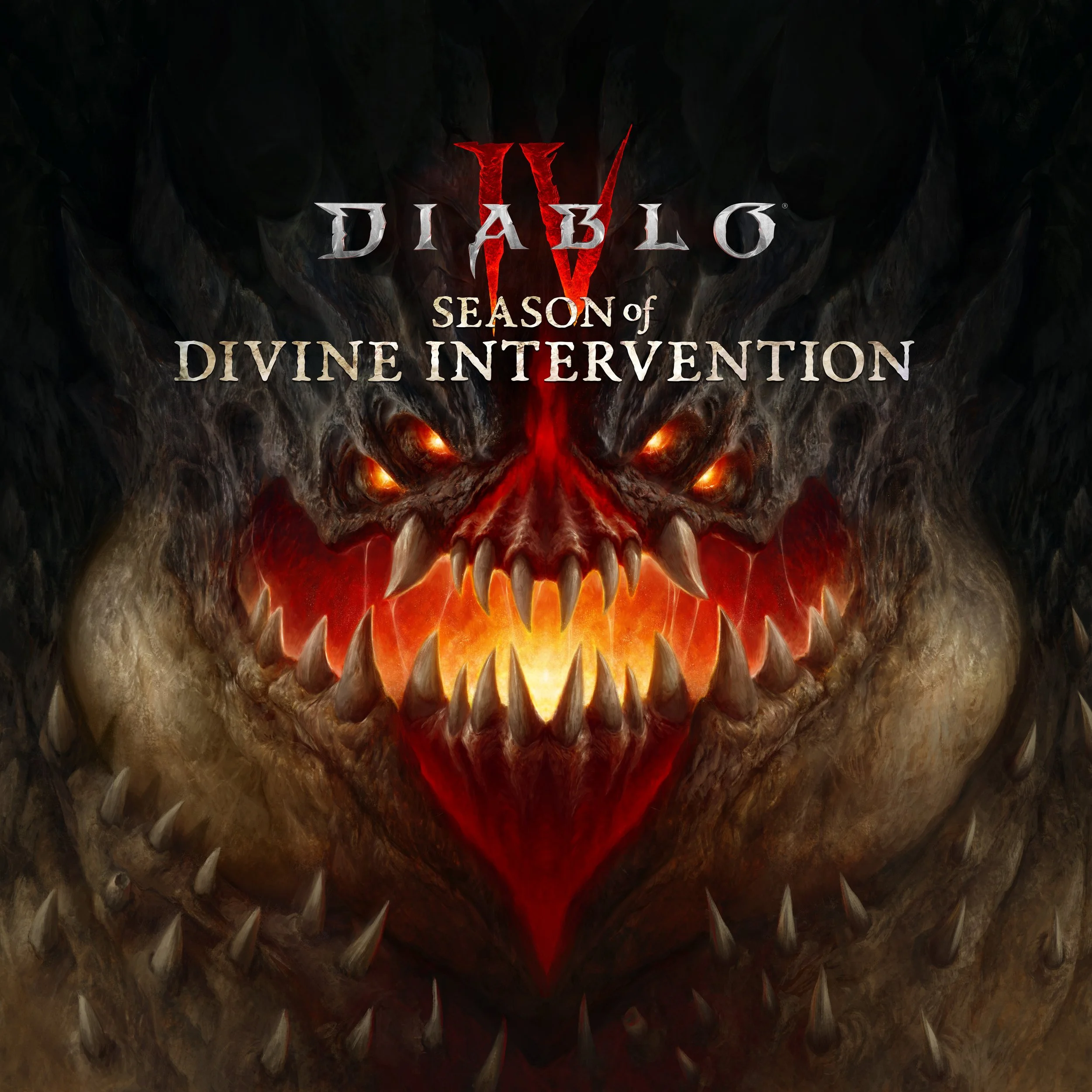 Dark background with fiery, glowing skull-like face and the text 'Diablo IV: Season of Divine Intervention' floating above it.