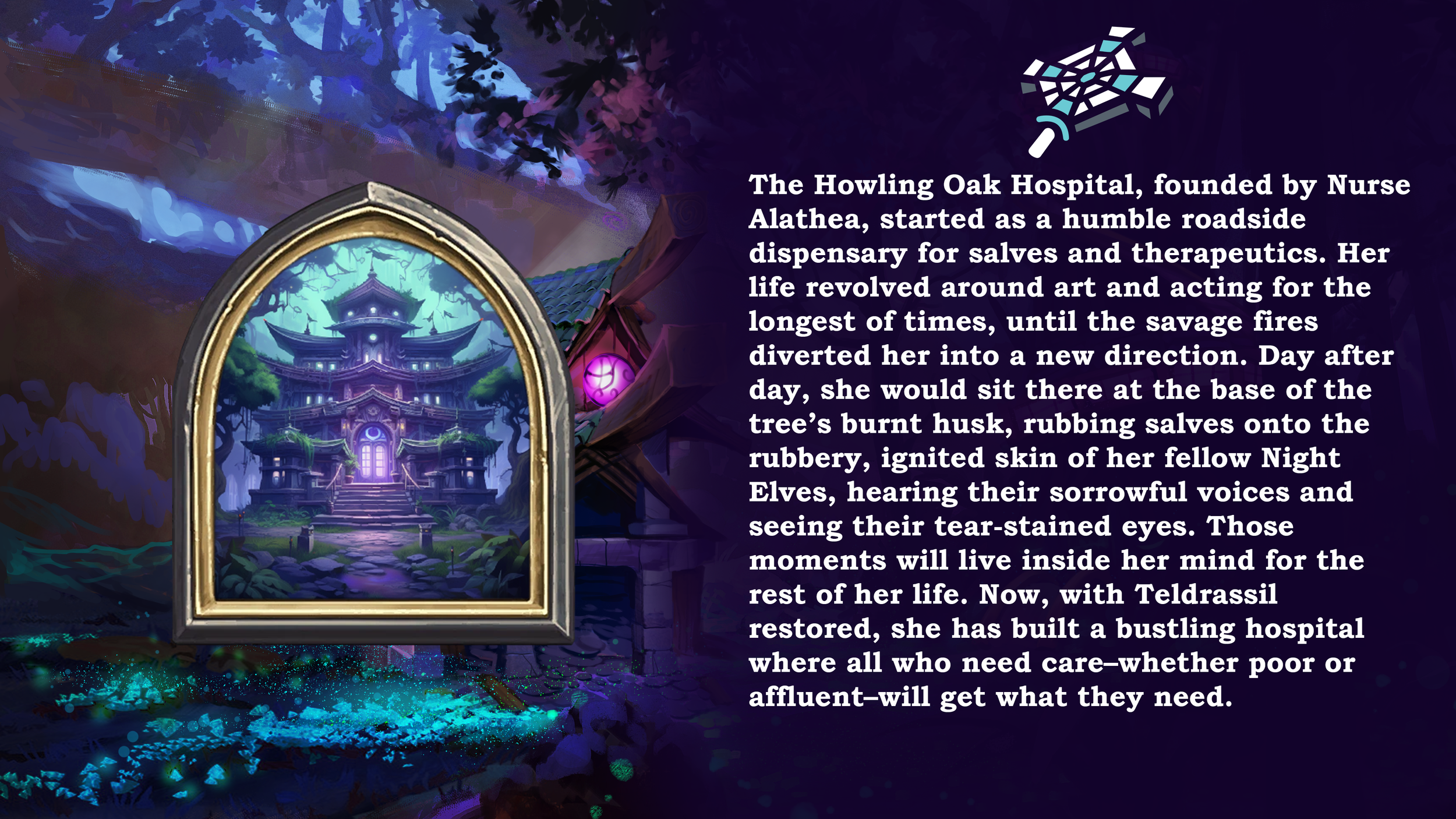 A colorful digital illustration of a mystical, multi-tiered pagoda-like building surrounded by lush trees, with a glowing pathway leading up to it. The scene is framed by a golden arch and set against a vibrant, fantasy-themed background with swirlin