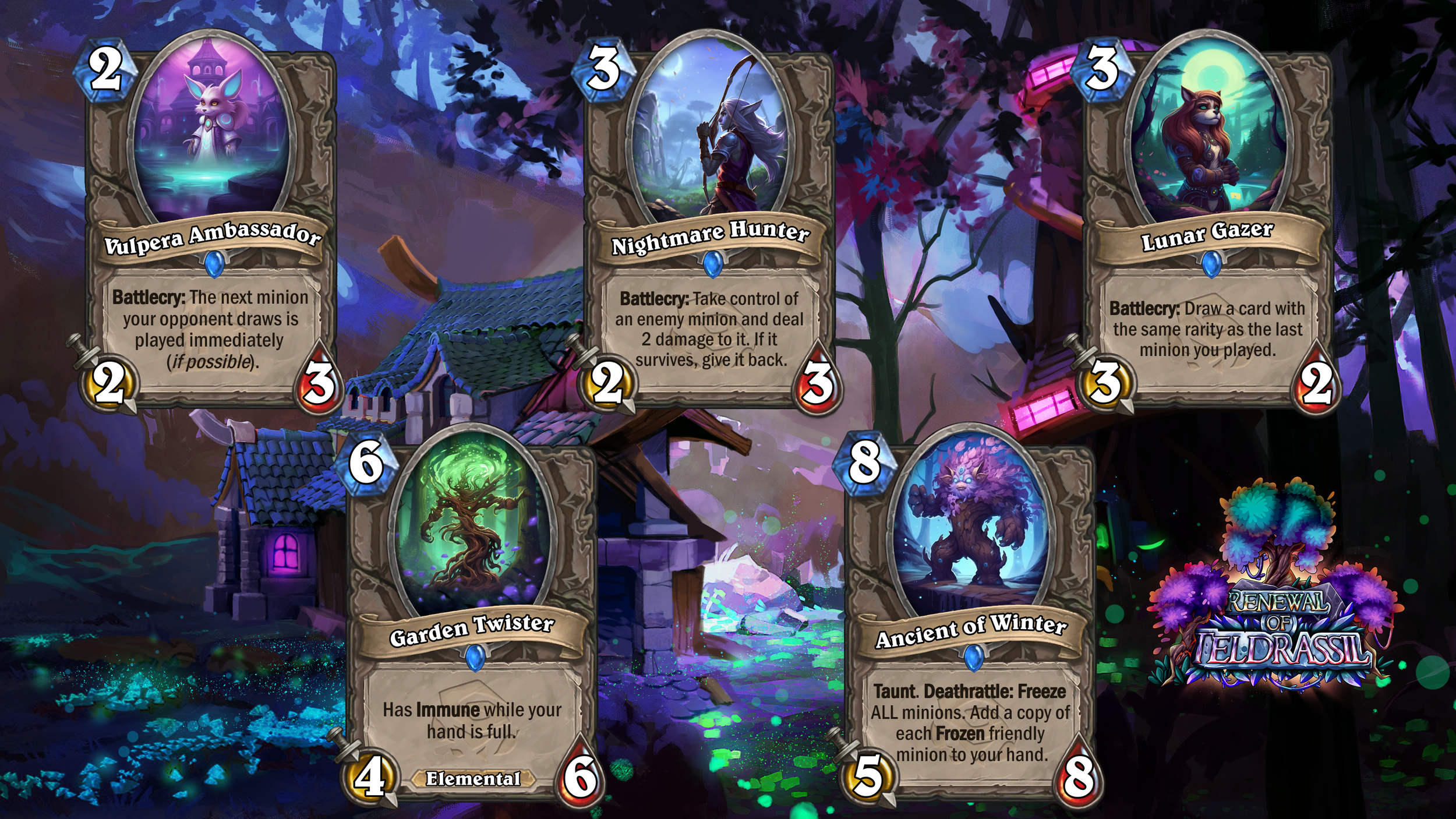 Digital artwork from the game 'Renewal of Eldrassil', showcasing a fantasy night scene with three fantasy cards: Vulpera Ambassador, Nightmare Hunter, and Lunar Gazer, with a dark, colorful, enchanted forest background.