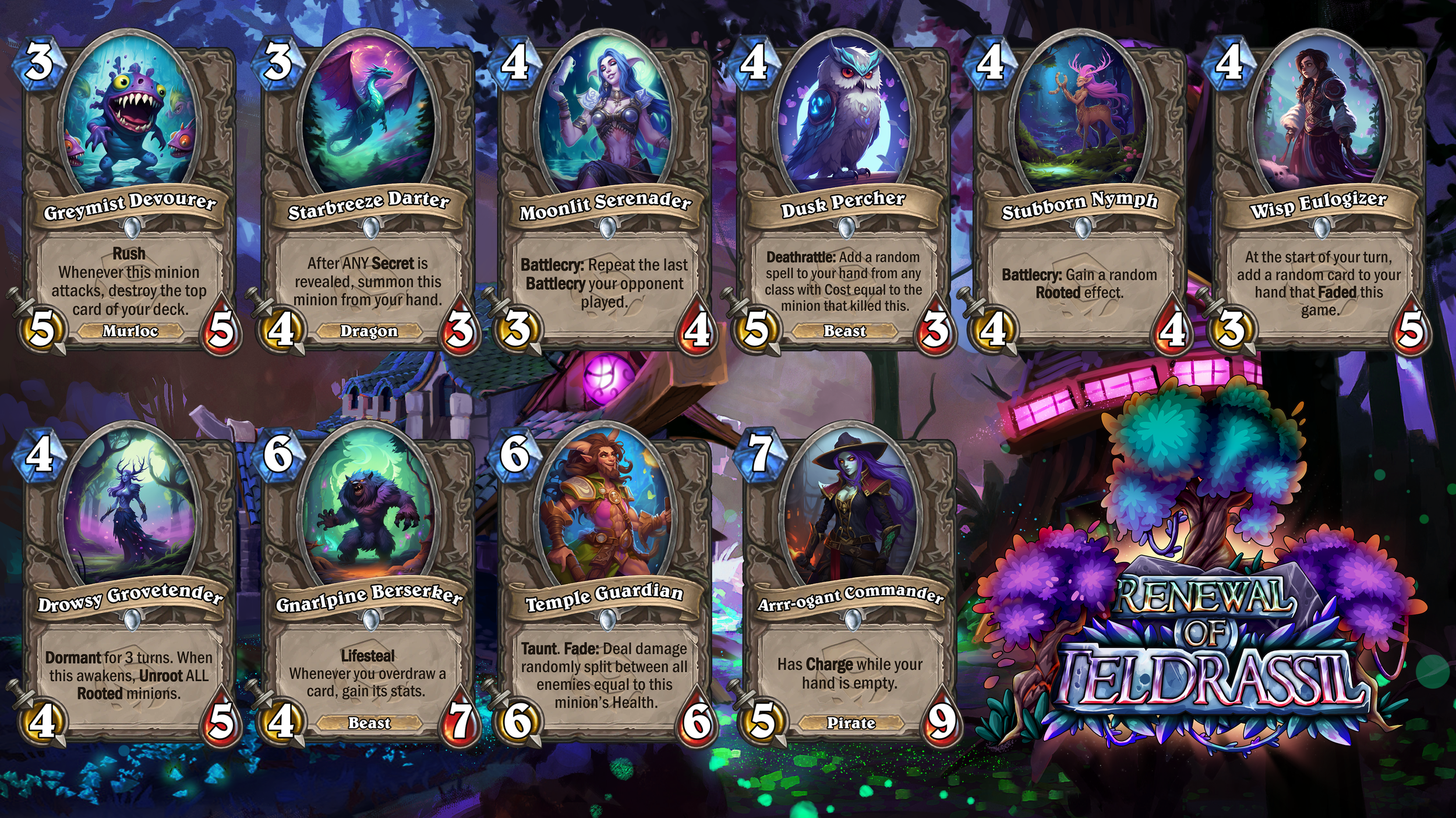Screenshot of a digital card game with several fantasy-themed cards in play, including minions and spells, against a colorful, mystical background with trees and glowing elements. The game interface displays health, mana, and other game information.