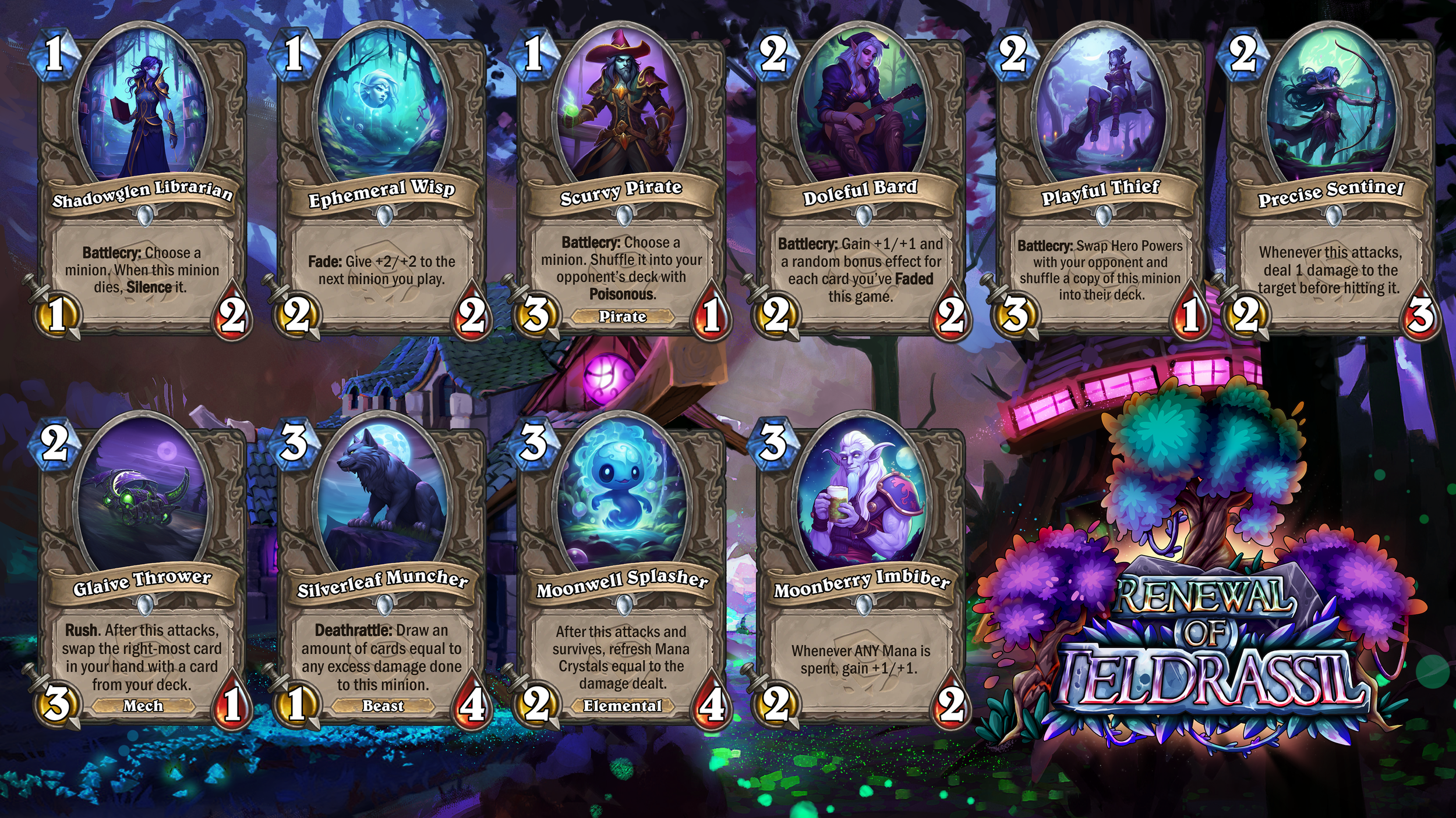 Screenshot of a fantasy-themed card game with hero and minion cards on a colorful, mystical background.