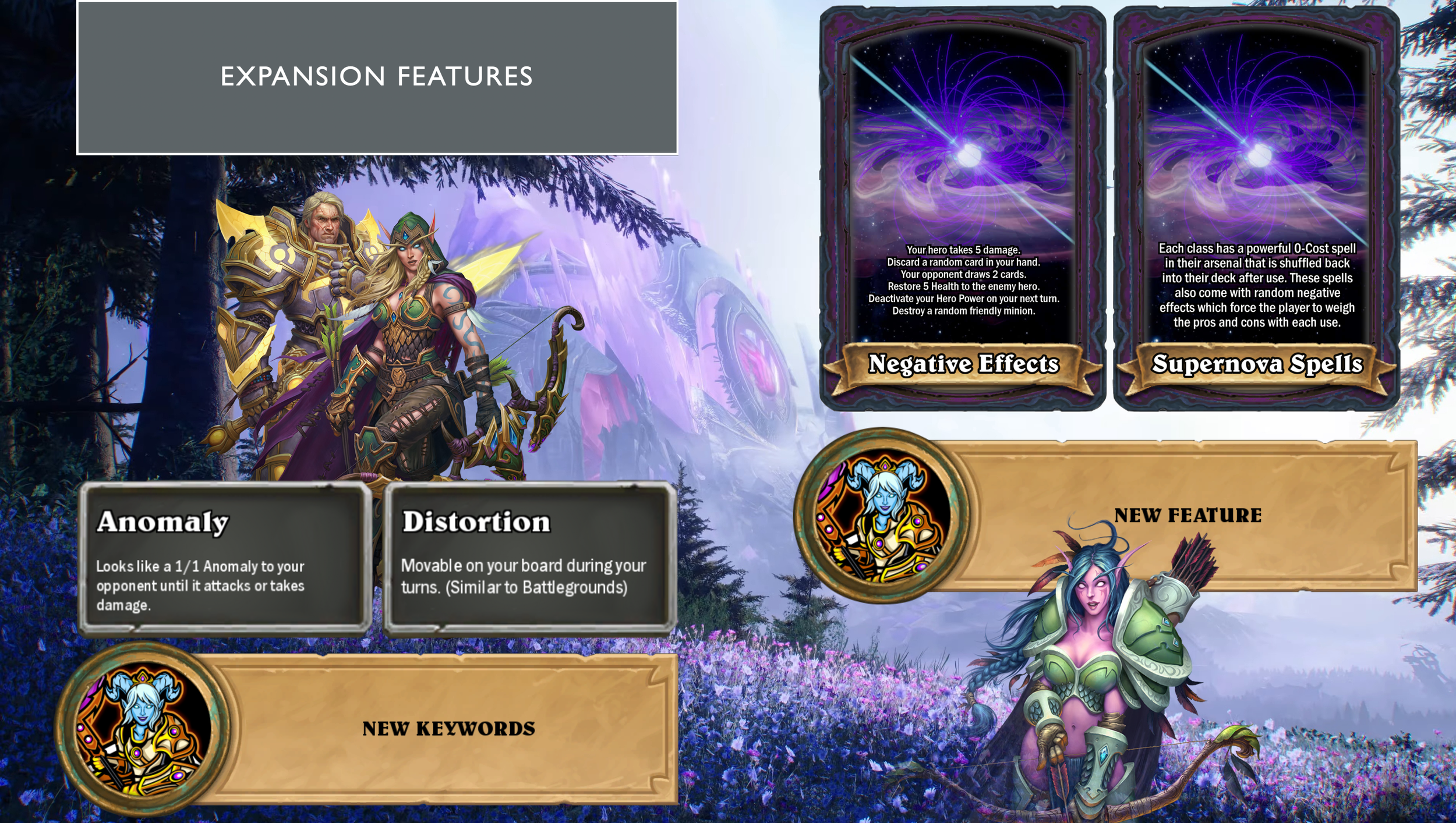 Video game screen showcasing character expansion features, including cards with spell effects, surrounded by fantasy scenery with trees and purple flowers.