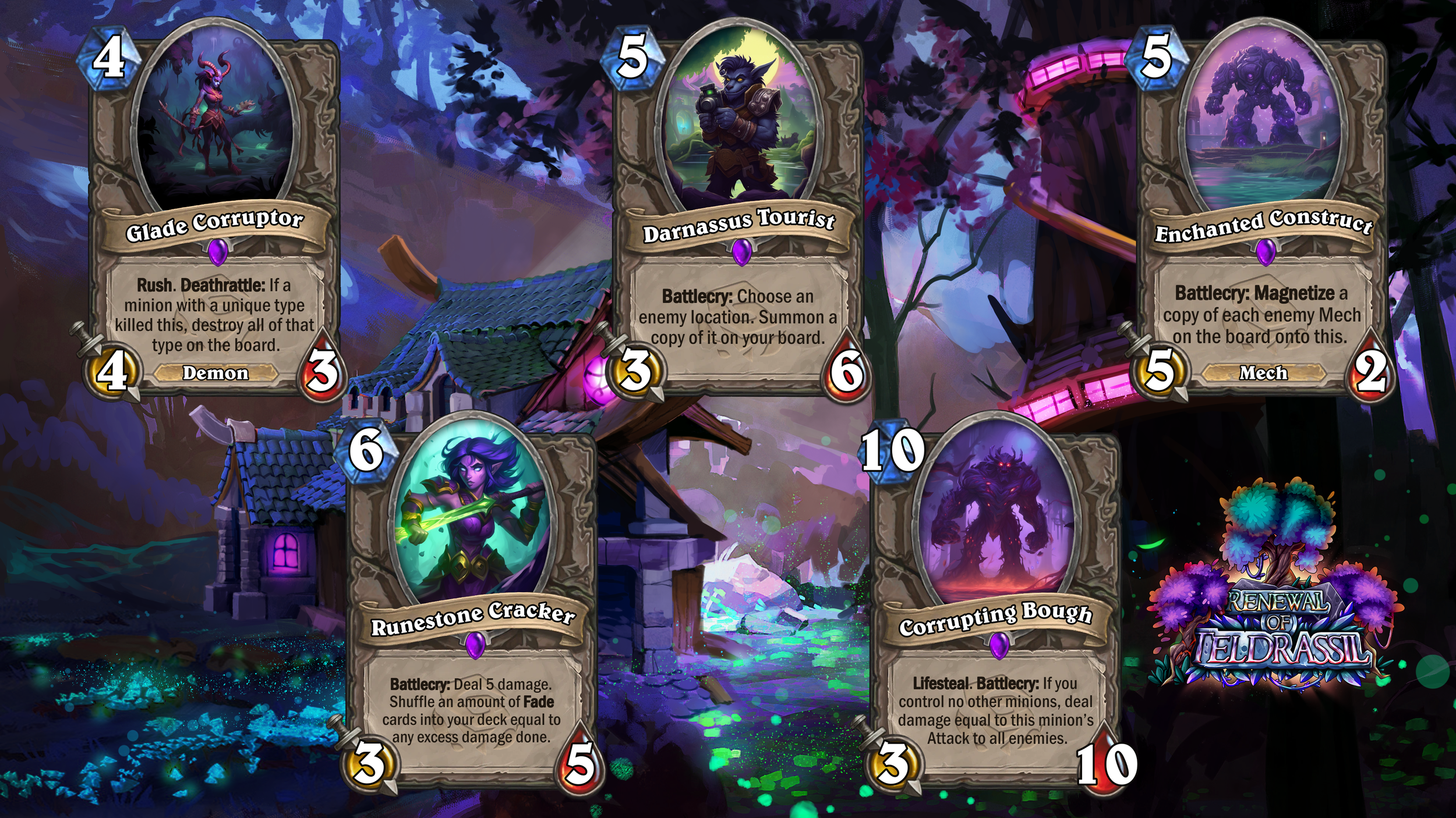 Digital card game screenshot featuring multiple fantasy-themed cards with character illustrations and statistics, set against a colorful animated background, with a 'Renewal of Eldrassi' logo in the bottom right corner.