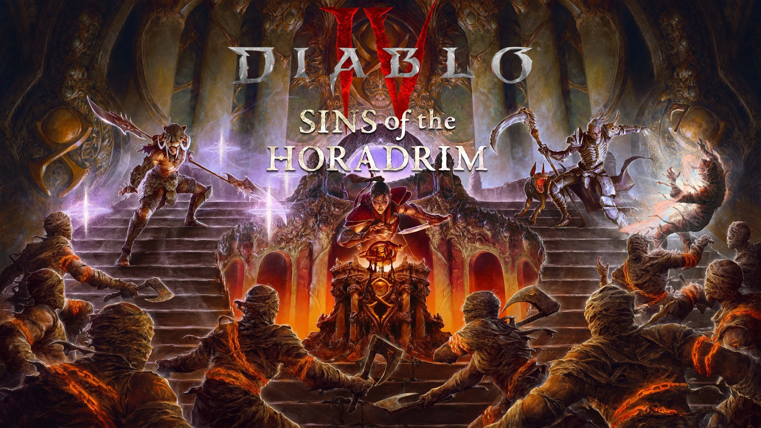 Artwork for Diablo IV: Sins of the Horadrim, depicting a dark fantasy scene with a woman wielding a sword at the center, surrounded by demonic creatures and warriors engaging in battle on stone steps, with a fiery and ominous background.