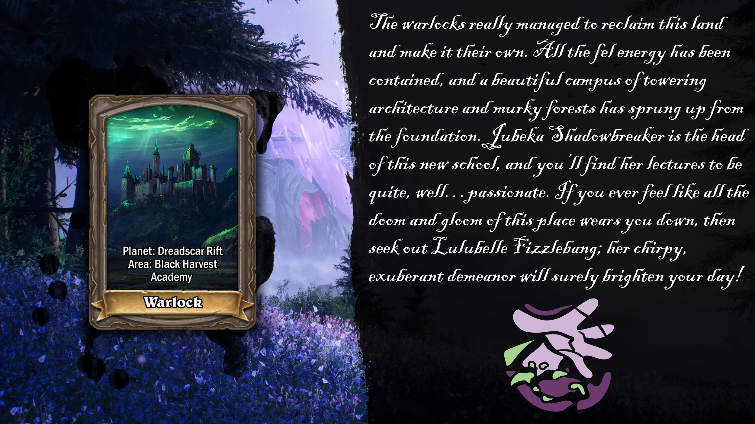 A digital illustration of a fantasy landscape featuring a dark forest with a glowing green and blue sky, and a large castle with pointed towers. The image includes text describing the planet Dreadscar Rift and the area Black Harvest Academy, with a d