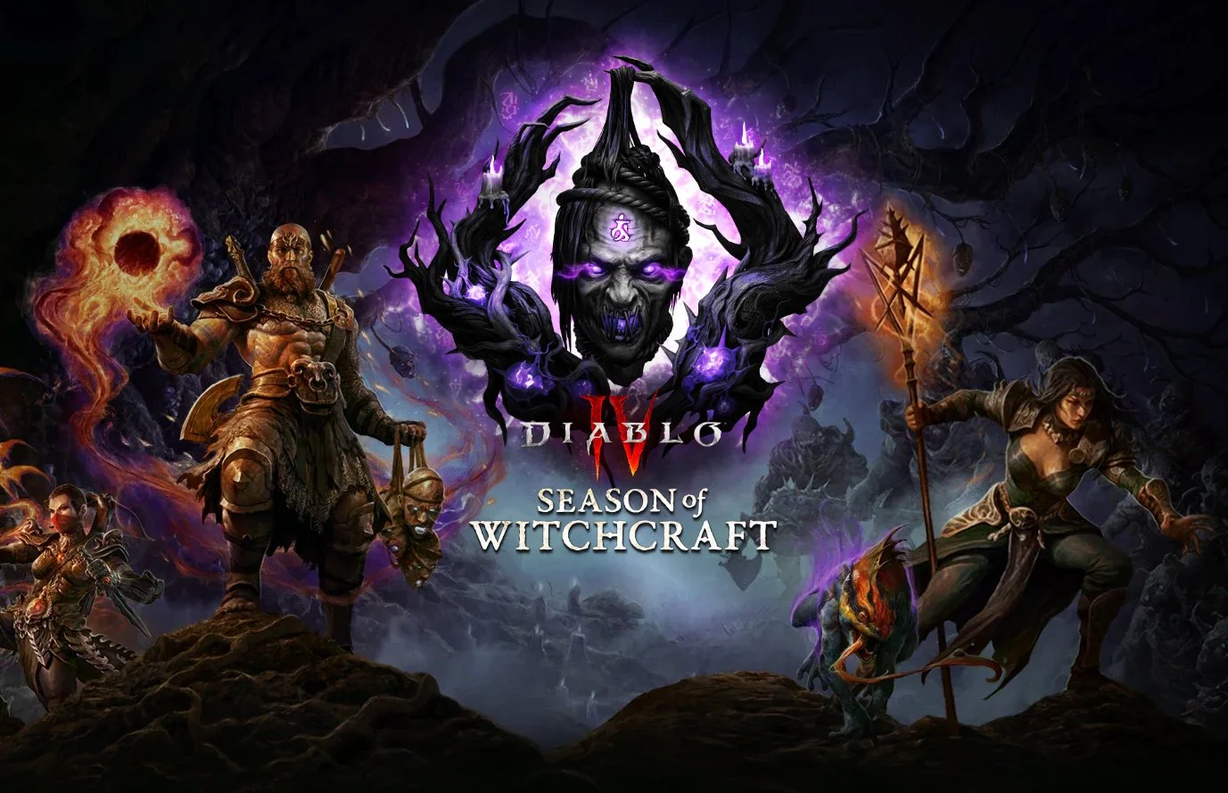 Artwork promoting Diablo IV: Season of Witchcraft, featuring dark fantasy characters in a dark, mystical setting with a central sinister face and purple glowing eyes, surrounded by warriors and magical elements.
