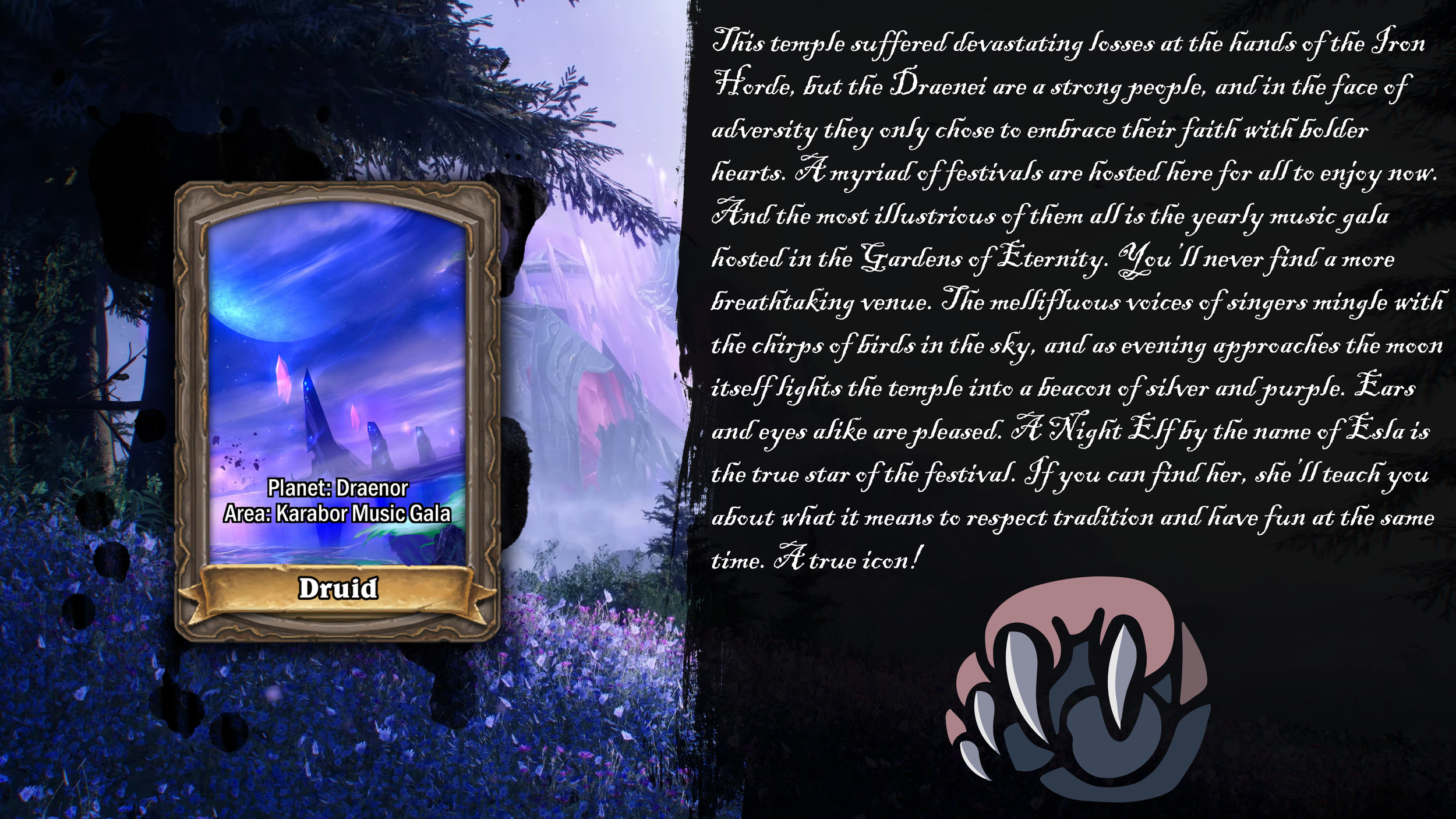 A fantasy-themed game card featuring the planet Draenor, labeled under 'Karabor Music Gala' area. The card is for a Druid character in a decorative frame with a background of a starry sky and purple crystals.