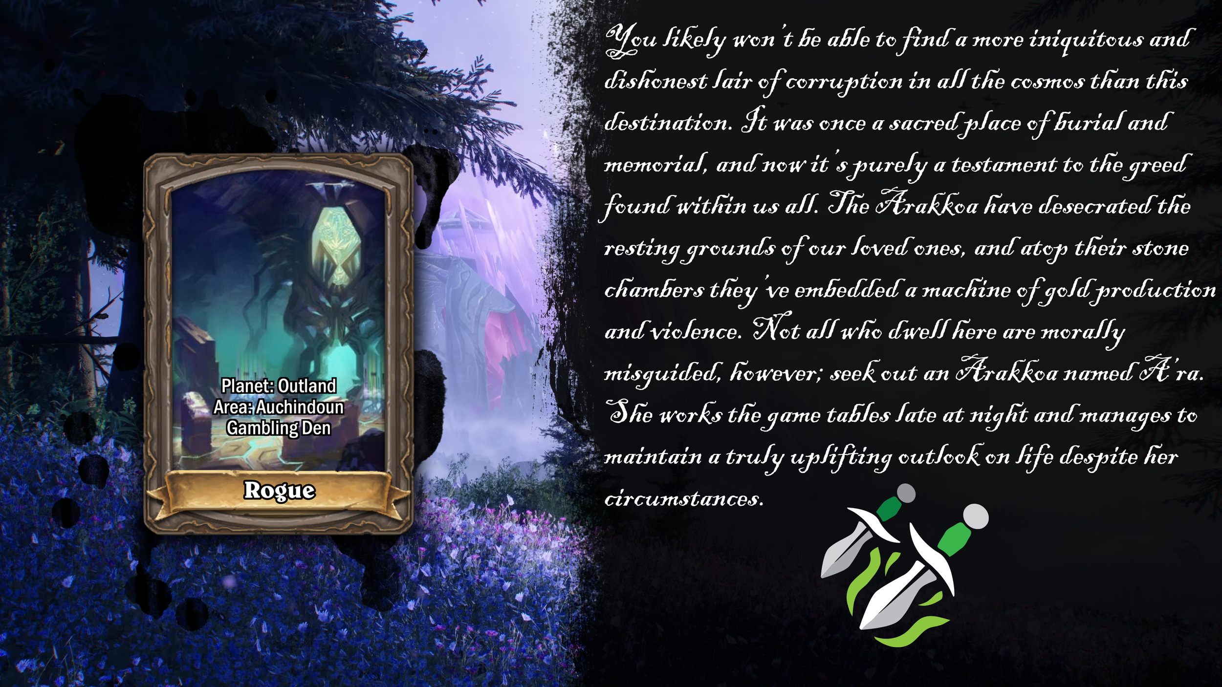 A game card for the 'Rogue' character in a fantasy game, showing a glowing green crystal and intricate design, with background elements like a forest and a stone arch, and a caption indicating the planet Outland, area Auchindoun, Gambling Den.