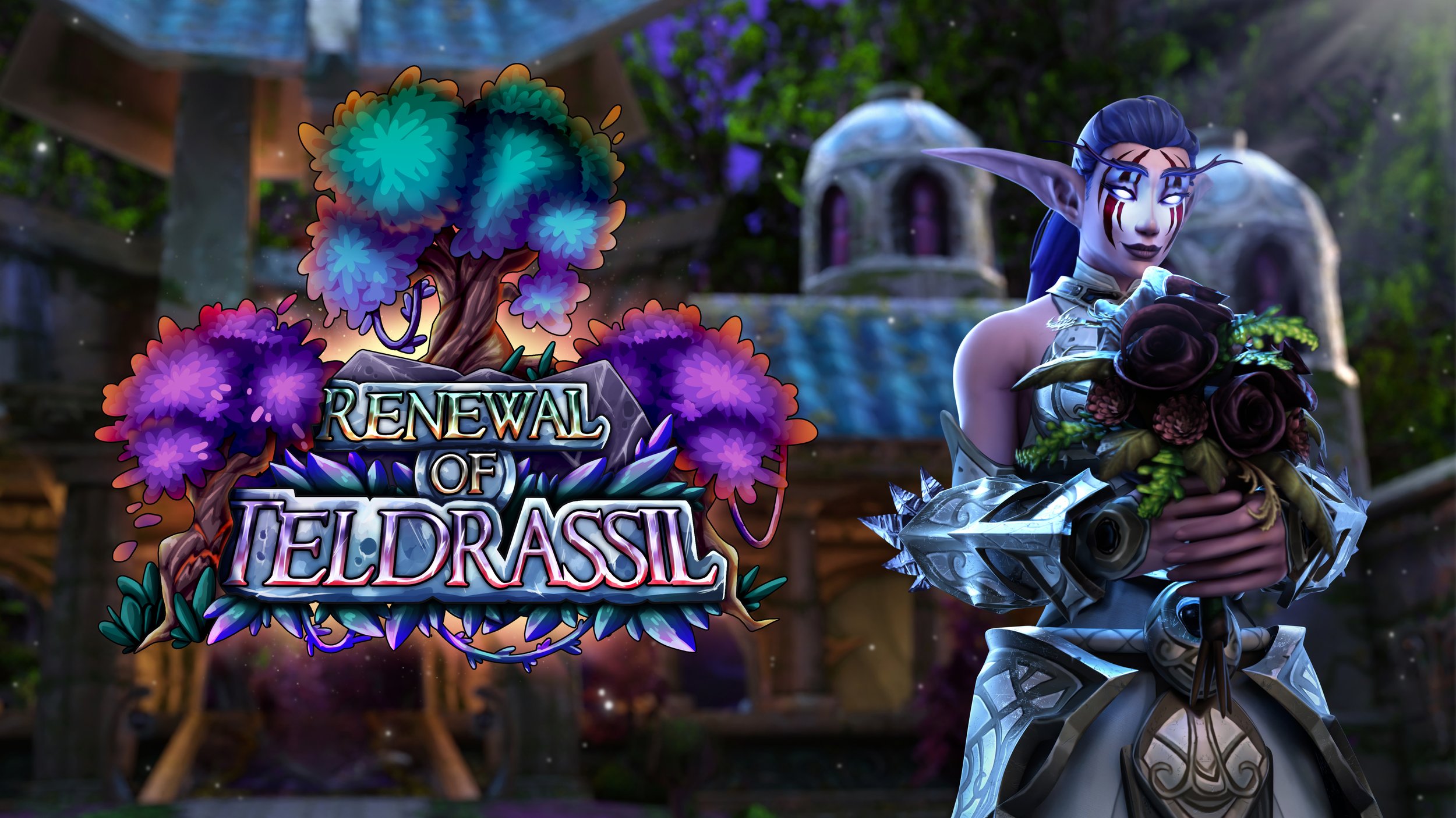Artwork from the game 'Renewal of Teldrassil' showing a fantasy elf character with purple hair, pointed ears, and glowing eyes holding a bouquet of dark roses, with a background of a mystical forest and a building.