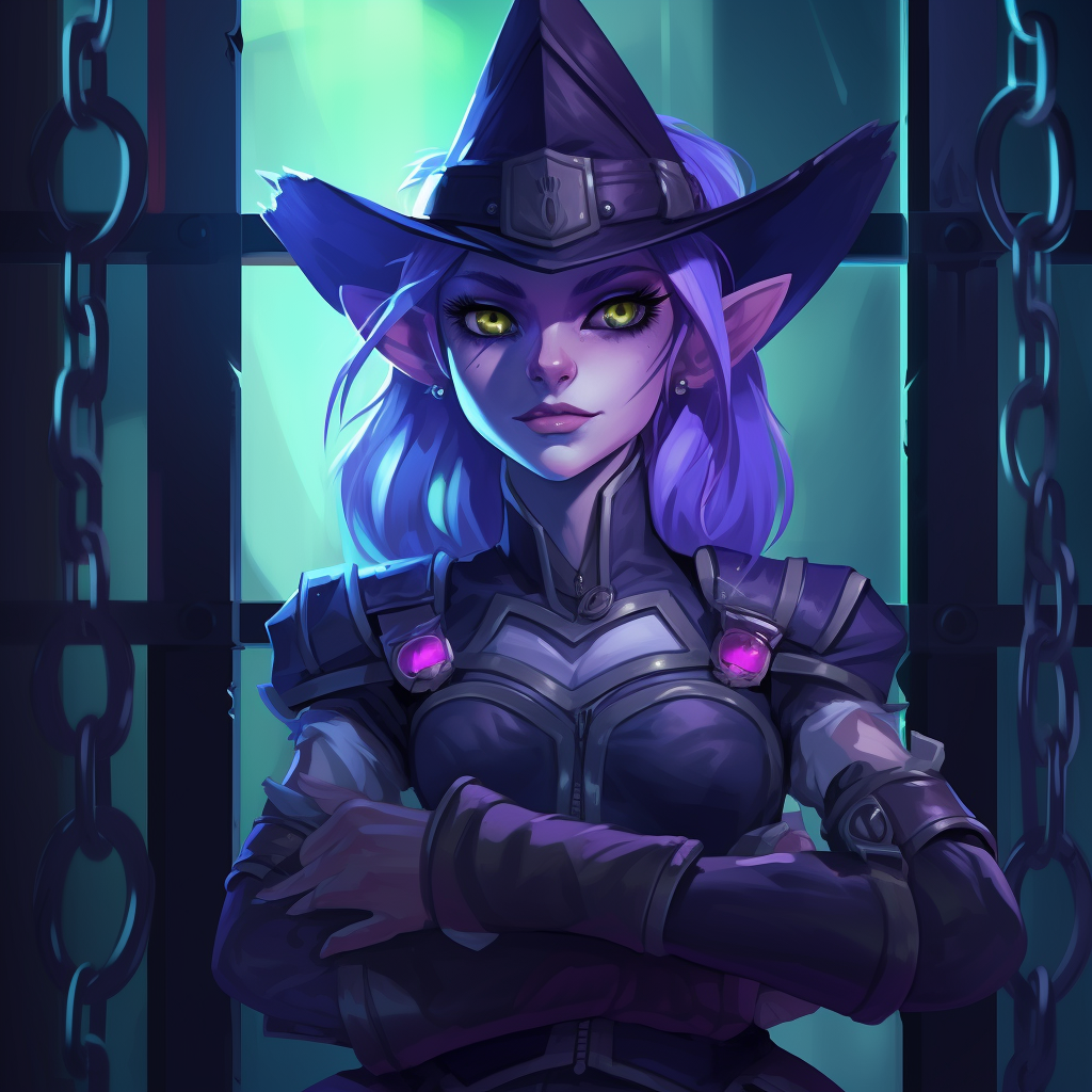 A female elf witch with glowing yellow eyes and purple hair, wearing a pointed hat and armored outfit with glowing purple accents, standing with crossed arms in front of a barred window with chains in a dark, glowing environment.