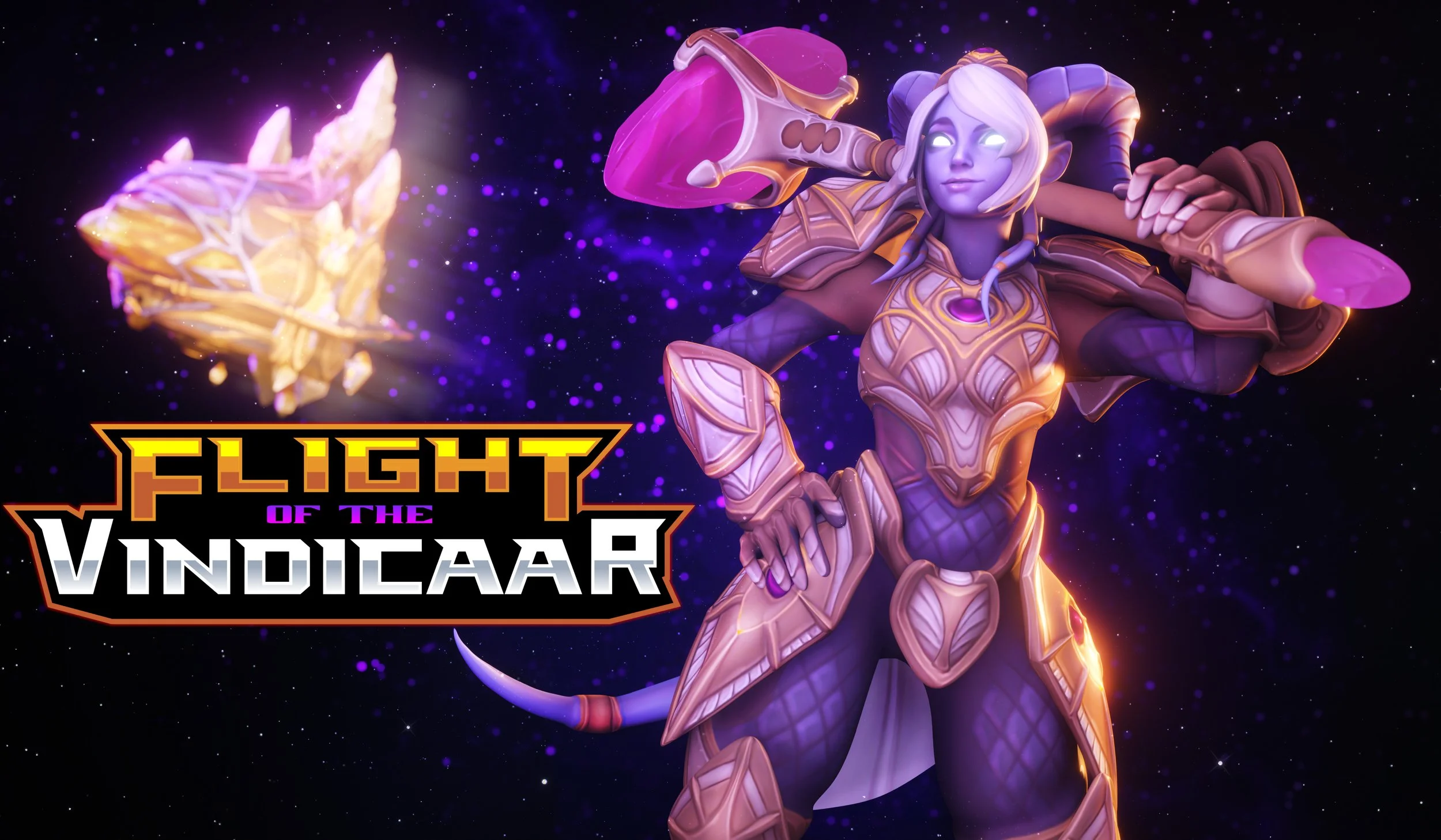 A fantasy character with purple skin, glowing white eyes, and long white hair, dressed in ornate armor, holding a large glowing weapon, in space with stars and cosmic background, with the text 'Flight of the Vindilaar' in the bottom left corner.