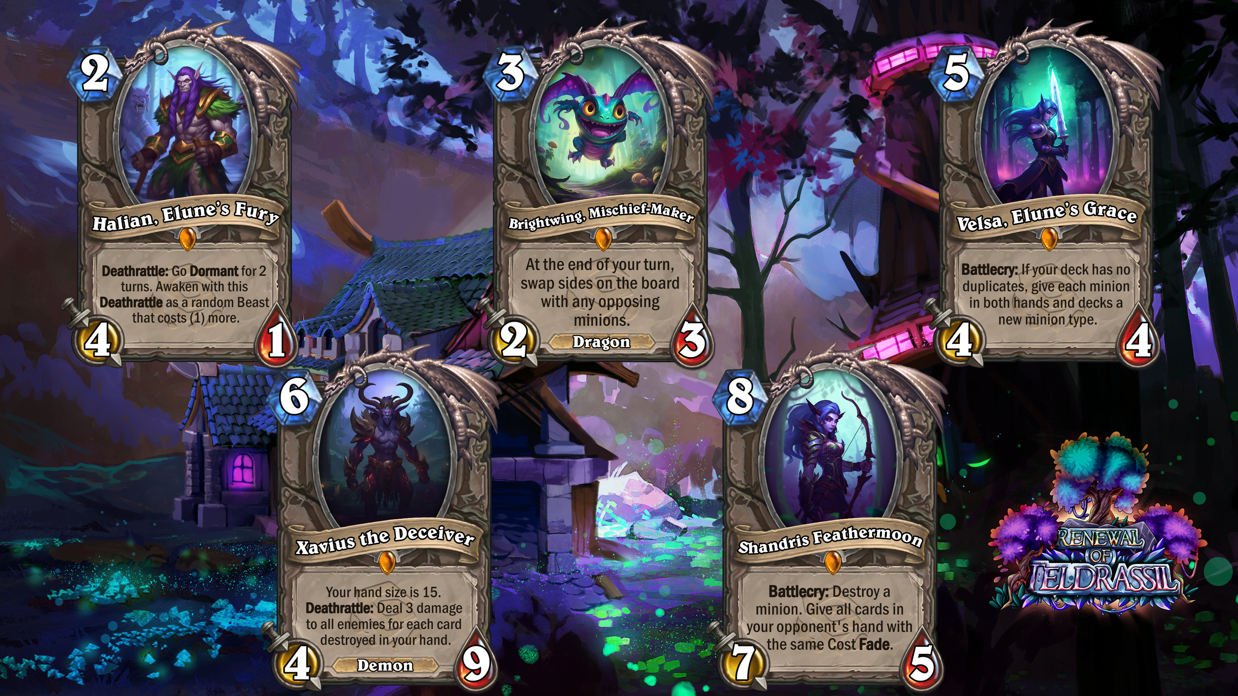 Collection of fantasy-themed digital trading cards featuring characters with magical and mythical abilities, set against a colorful, whimsical background with dark purple and pink hues and glowing elements.