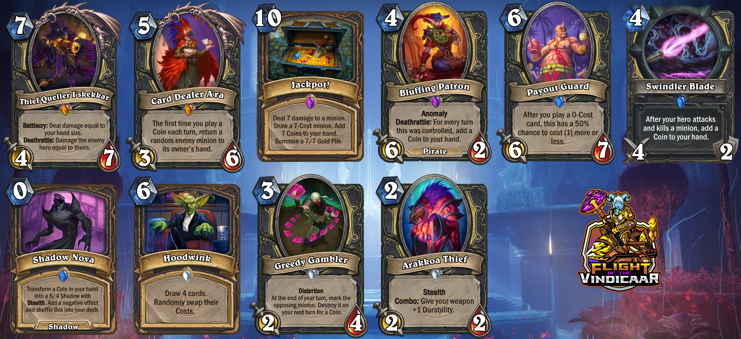 Video game screenshot of the card game Hearthstone, showing various cards on the game board, including Thief Queller T'sekkar, Card Dealer Ara, Jackpot!, Bluffing Patron, Payout Guard, Swindler Blade, Shadow Nova, Hoodwink, Greedy Gambler, Arakkoa Th
