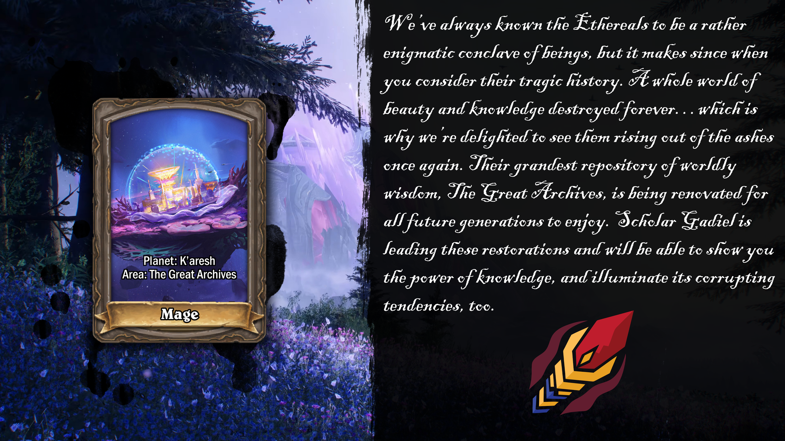 A digital card showing a planet named K'aresh located in the area called The Great Archives, labeled as a Mage class. The background features a mystical forest scene with purple flowers and dark silhouettes of trees and creatures.