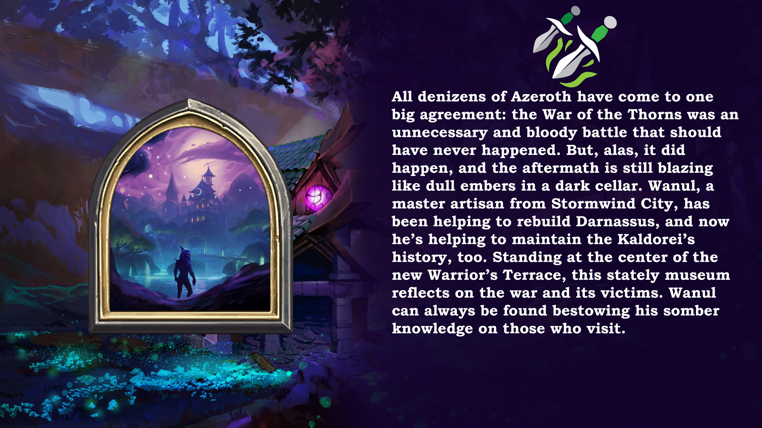 A fantasy-themed digital illustration showing a mirror with a purple scene of a castle in the background and a figure walking along a path. The background features dark skies with purple and blue hues, resembling a mystical or magical setting.