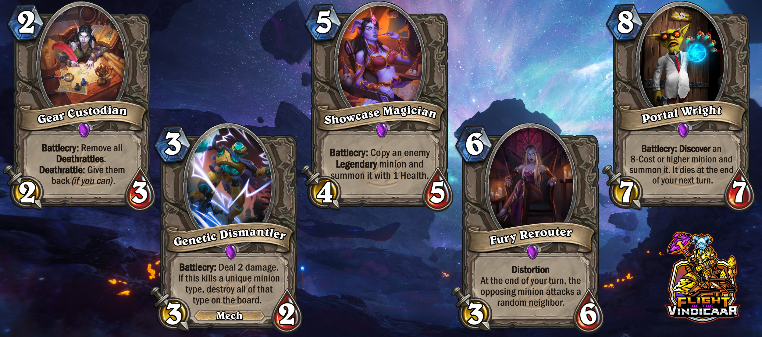 Collection of fantasy-themed trading cards from a card game, featuring characters such as a gear caretaker, a showcase magician, a genetic dismantler, a fury rerouter, and a portal wright. The background displays a starry night sky with mountains and