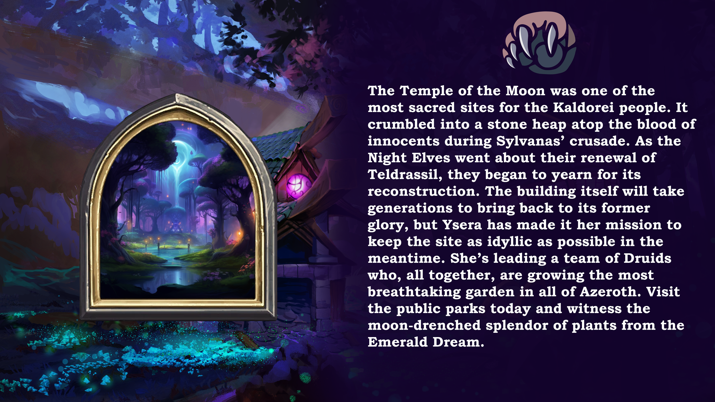 A fantasy-style illustration of a glowing, mystical garden viewed through an ornate, arched mirror frame. The garden is lush with trees and glowing plants under a purple and blue sky, evoking a magical, otherworldly atmosphere.