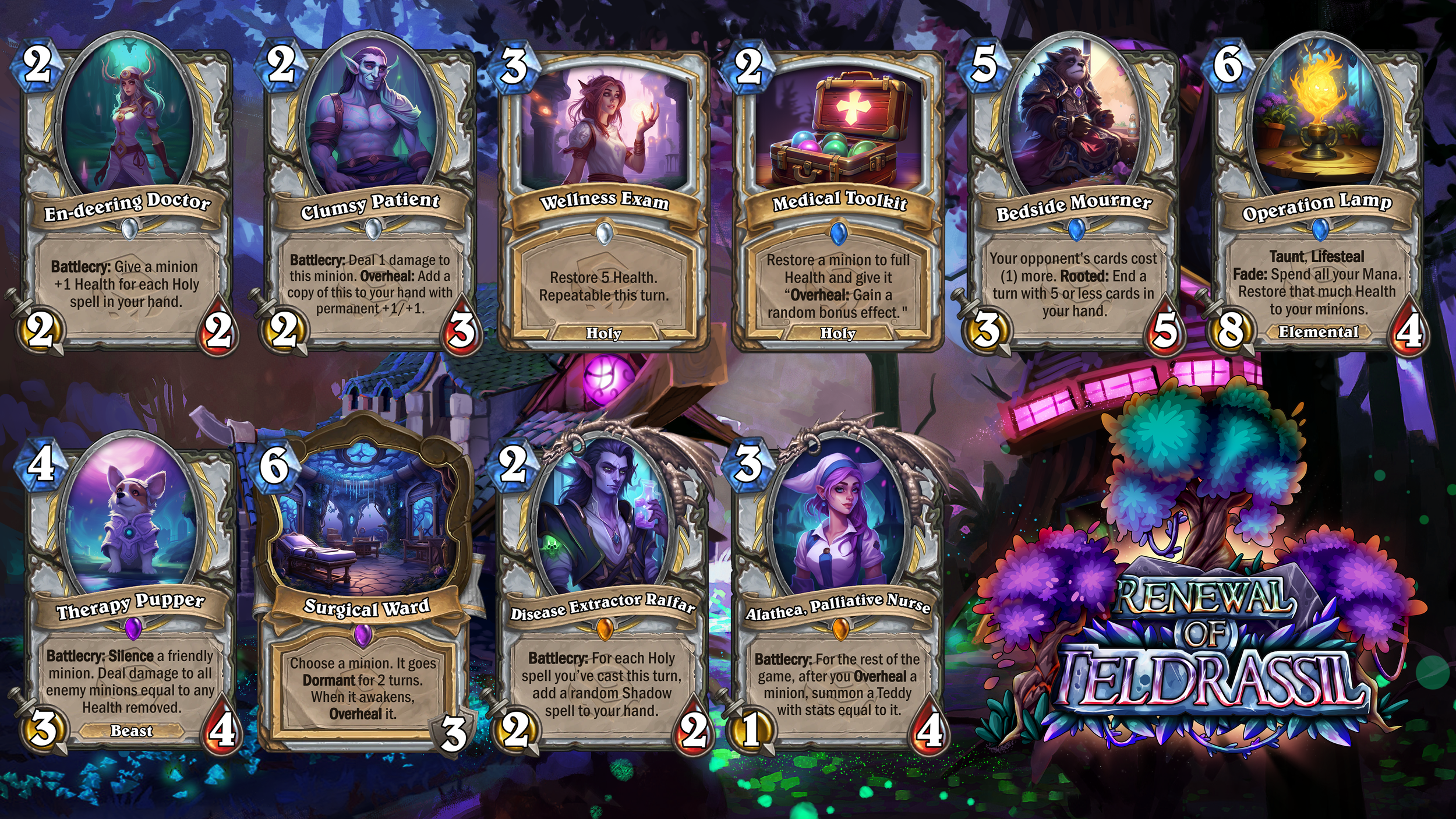 A digital card game screen showing various fantasy-themed cards with artwork and stats, labeled with names like 'En-deering Doctor' and 'Operation Lamp,' with a colorful background featuring a dark, mystical forest scene.
