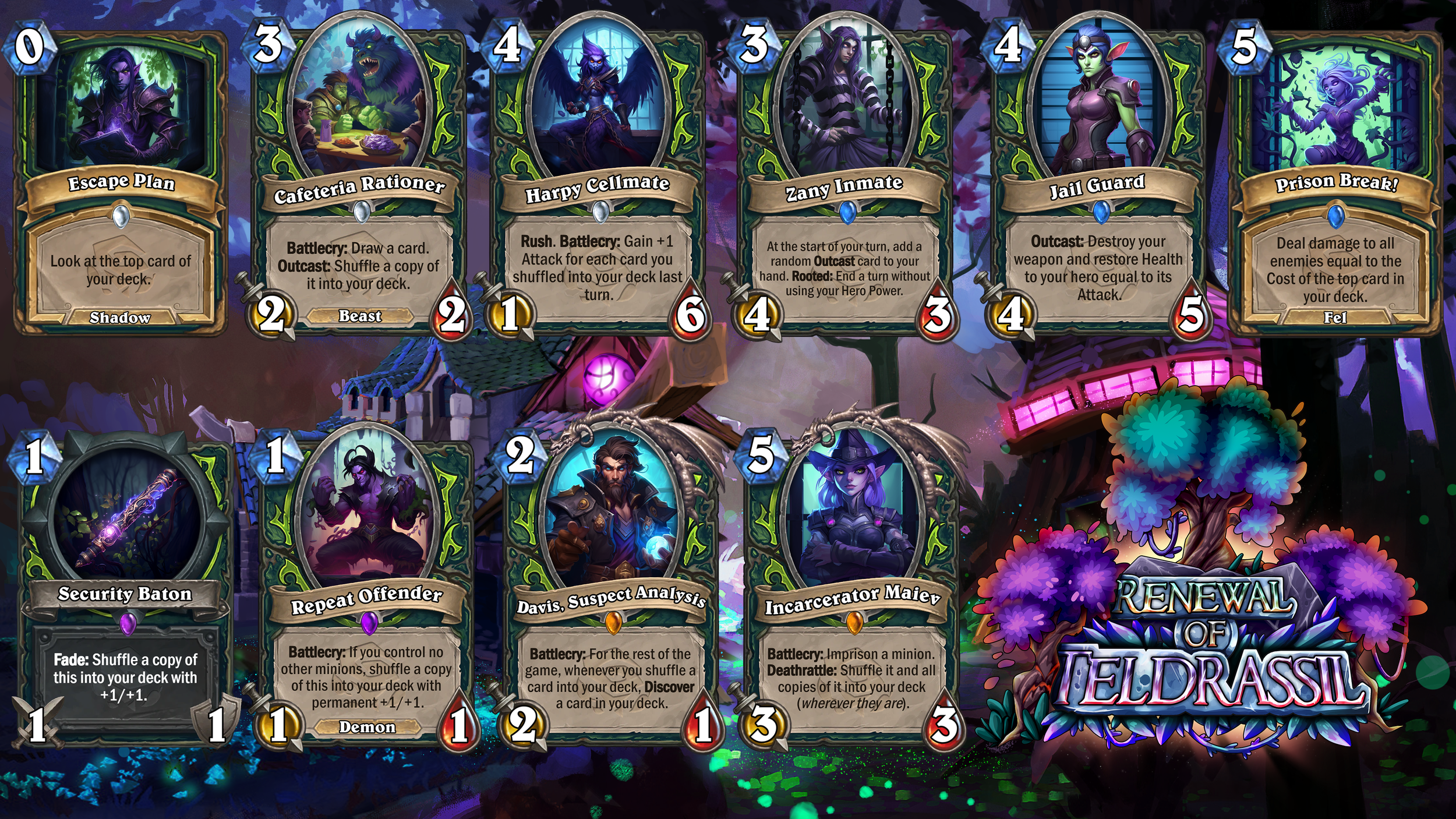 A digital screenshot of a card game, Hearthstone, with several cards visible on the screen, including Escape Plan, Cafeteria RATIONER, Harpy Cellmate, Zany Inmate, Jail Guard, and Prison Break! all in a colorful fantasy-themed background.