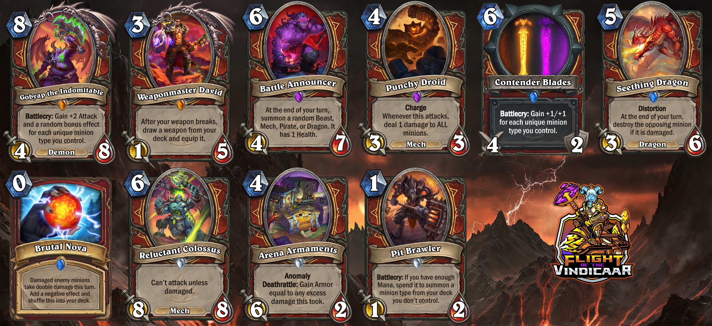 Screenshot of a card game deck from 'Fight of the Vindicaar' featuring various game cards with illustrations, names, attack, and health points, set against a fiery, stormy background.