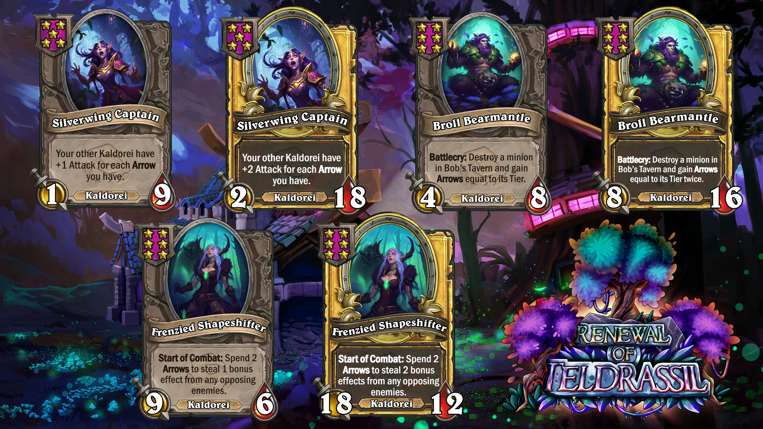 Four fantasy-themed collectible cards from a game, including two titled 'Silverwing Captain' with purple-haired elf characters, and two titled 'Broll Bearmantle' depicting a muscular bear-like humanoid, all with fantasy artwork backgrounds.