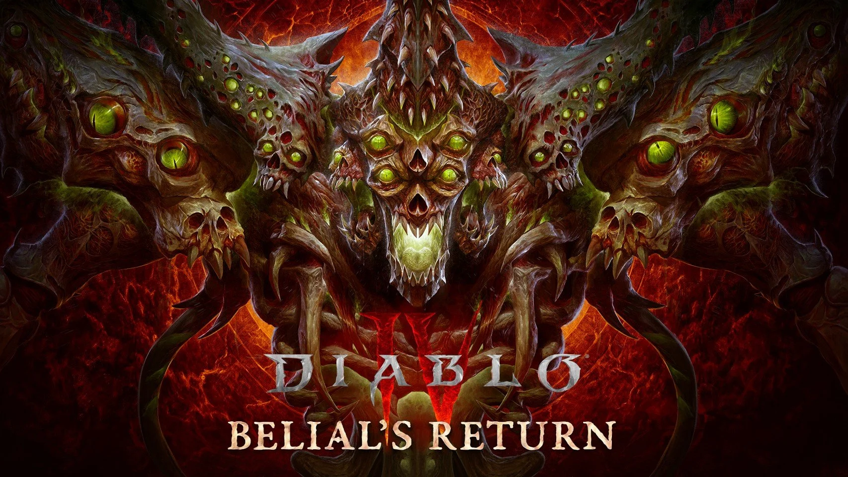 Dark, demonic dragon with multiple glowing green eyes and skull-like features, set against a fiery background, with the text 'Diablo II: Bella's Return' displayed below.